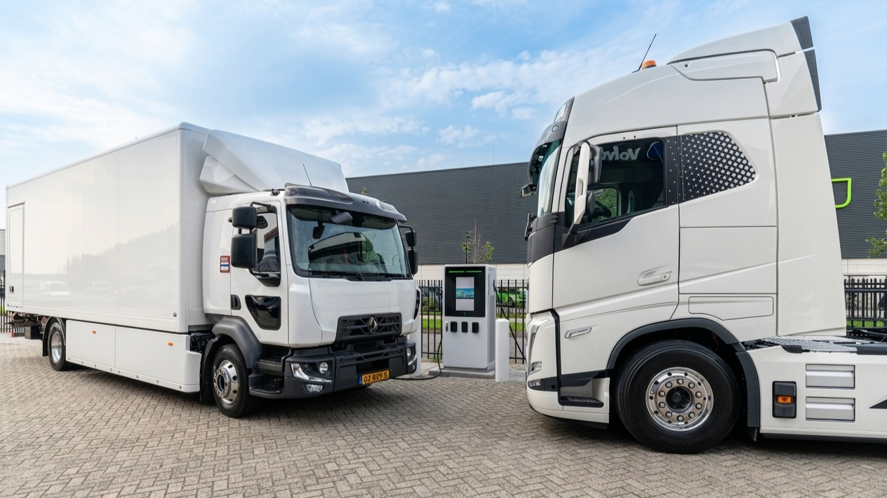 Twee grote vrachtwagens die worden opgeladen bij een elektrische oplaadpaal buiten.
