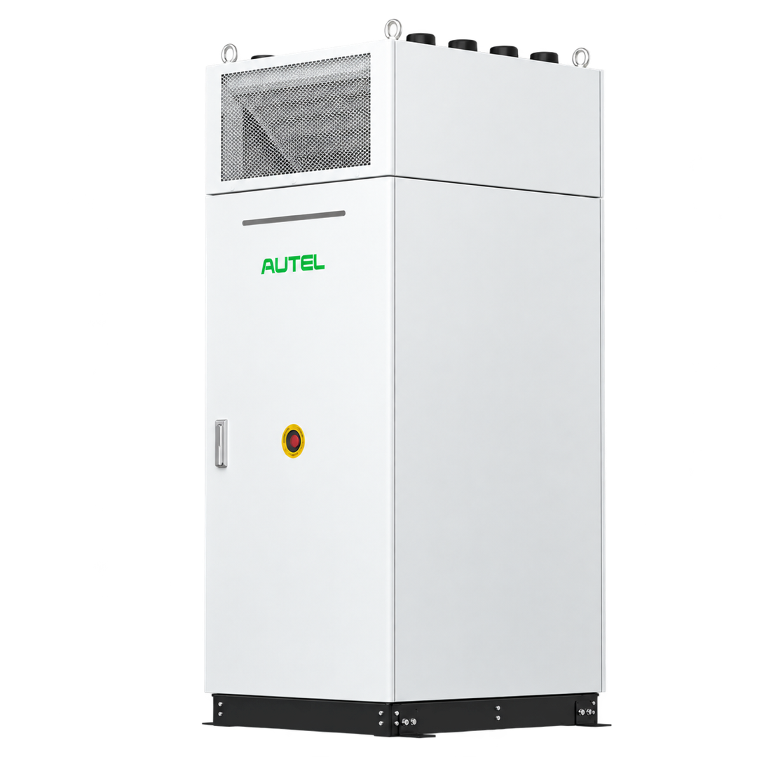 Elektrisch oplaadpunt met twee oplaadkabels, merk AUTEL, voor elektrische voertuigen.