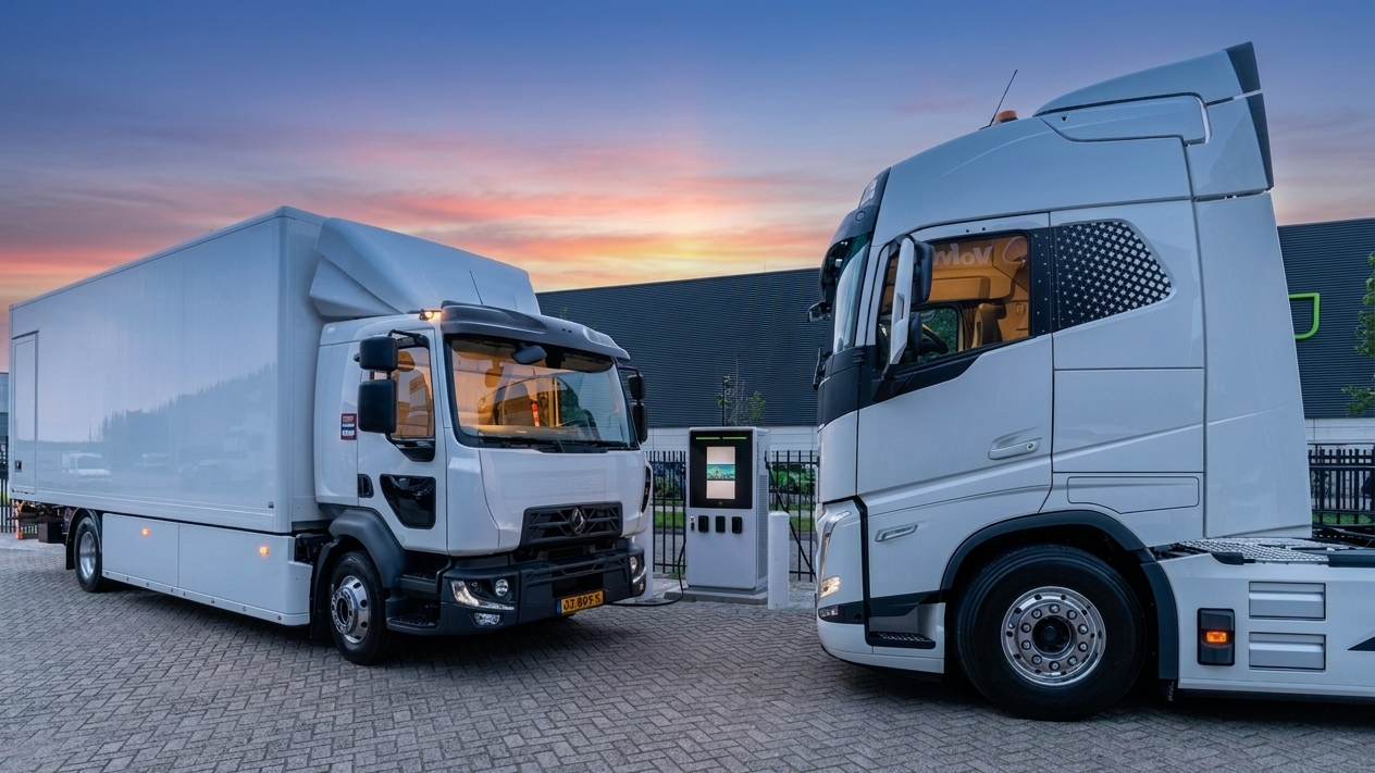 Twee vrachtwagens die elektrisch laden bij snellader vrachtwagen op eigen transport terrein tijdens zonsondergang.