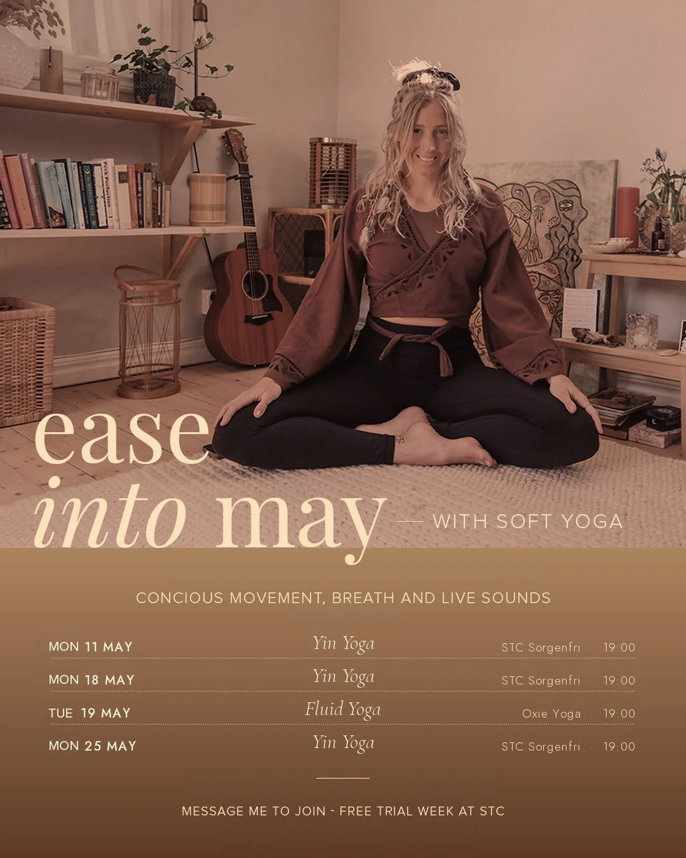 ease into may
with soft yoga 

Join me for soft evenings of yin, fluid movement, breath and live sounds. A gentle space to land in your body, slow down a little, and soften in this time of spring awakening. 

Would love to have you with me ♡
DM me to