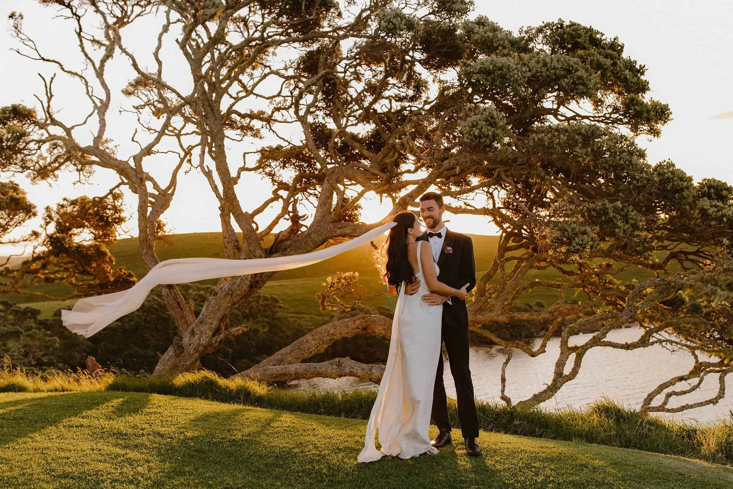 Bride and Groom in front of Large Tree at Sunset