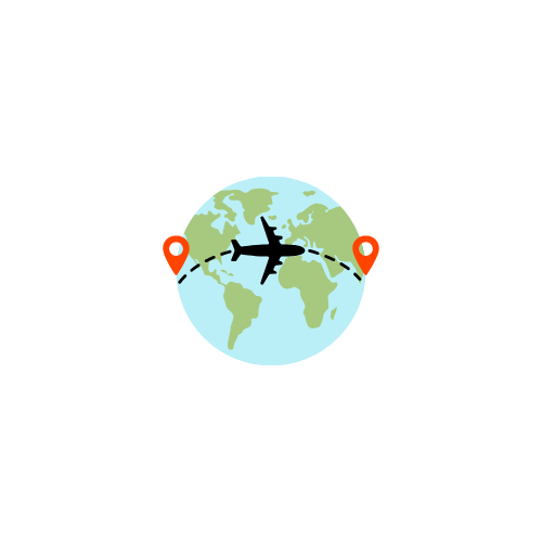 A graphic illustration of an airplane flying between two location markers on a world map, symbolizing travel or flight route.