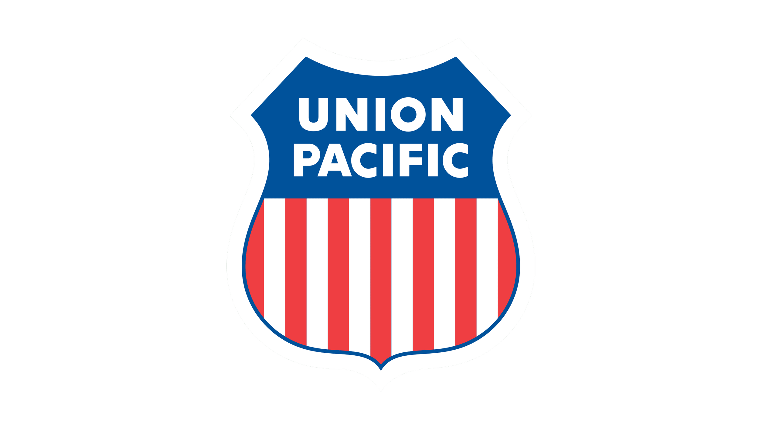 Union Pacific logo with blue shield, white letters, and red and white vertical stripes.