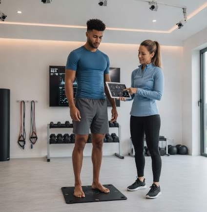 Patient working with a provider at a sports physical therapy clinic in Costa Mesa during force plate return-to-sport testing
