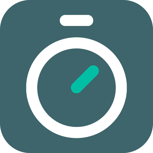 Icon of a stopwatch with a white outer ring, a white button on top, and a teal hand indicating the time, set against a dark background.
