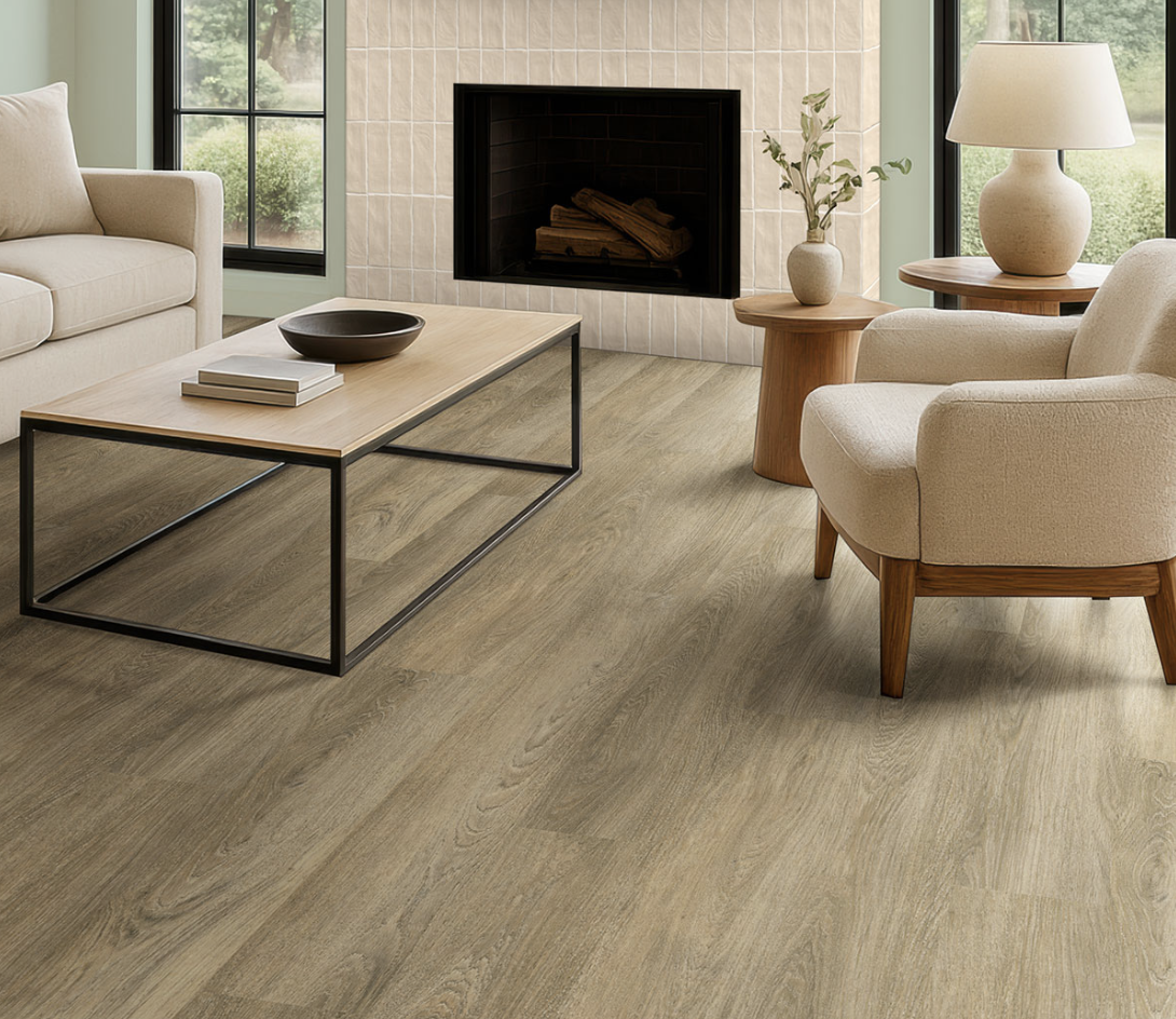 Living room with a fireplace, beige armchair and sofa, wooden coffee table with a black bowl and books, side table with a potted plant, and lamp, all on wood flooring.