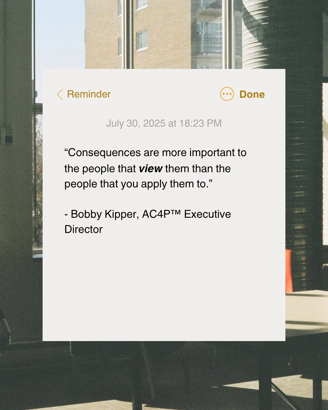 Not every consequence is about the person receiving it.⁠
It&rsquo;s also about the culture it creates.⁠
⠀⁠
This quote from our Executive Director Bobby Kipper reminds us that how we respond to behavior sets the tone for everyone watching.⁠
⠀⁠
Let&rsq