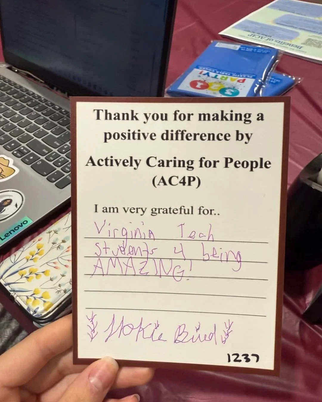 Virginia Tech students celebrated Good Deed Day the AC4P way - recognizing good deeds, sharing gratitude, and encouraging others to do the same.⁠
⁠
Even the Hokie Bird joined in, filling out an AC4P Thank You Card and proudly wearing an AC4P wristban