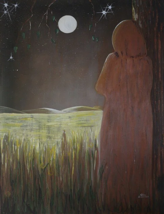 Figure leaning on tree observing green landscape with hills and a bright full moon overhead