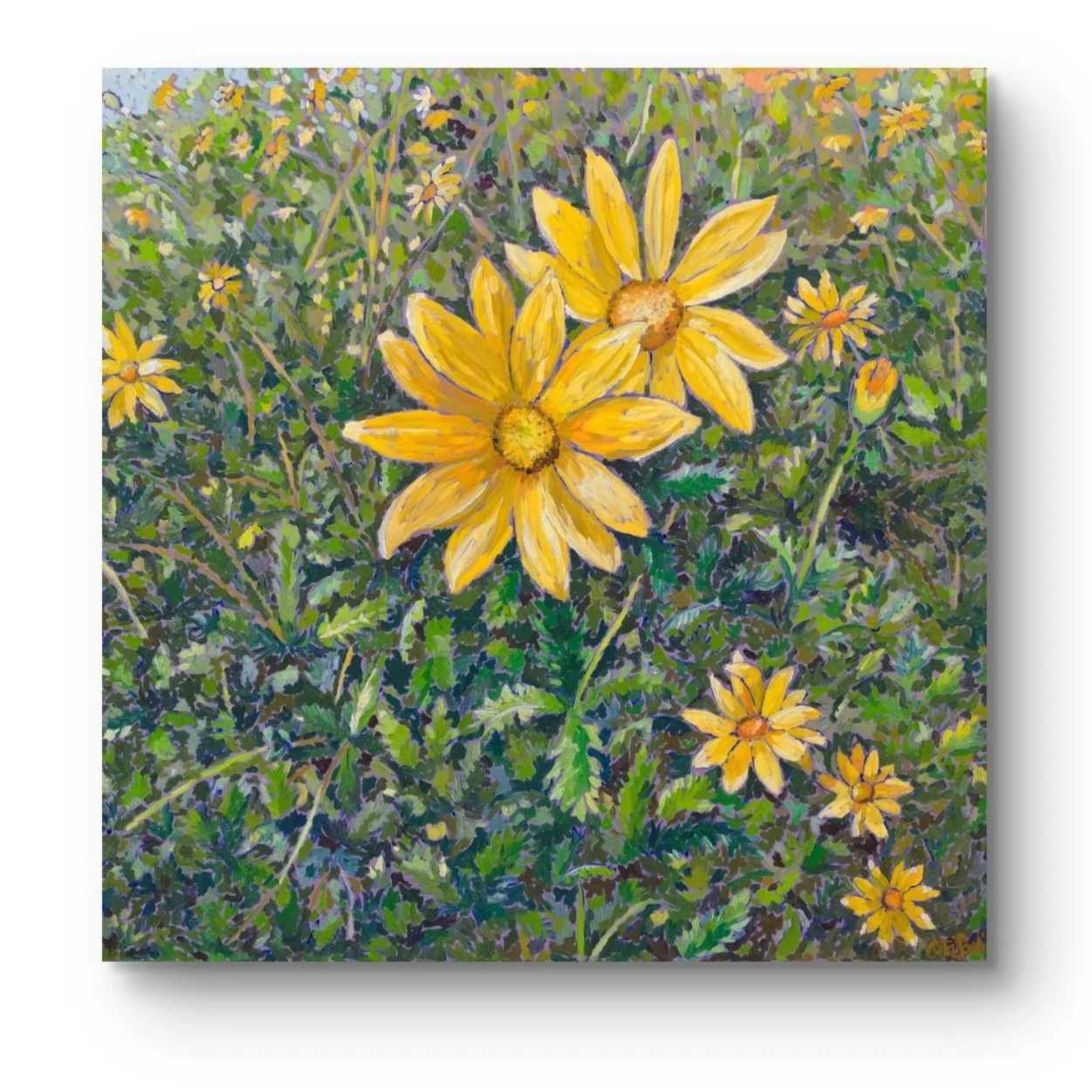 Oil painting of two central flowers surrounded by smaller blooms and layered leaves on a purple background, symbolizing inner trust, transformation, and intuitive vision.