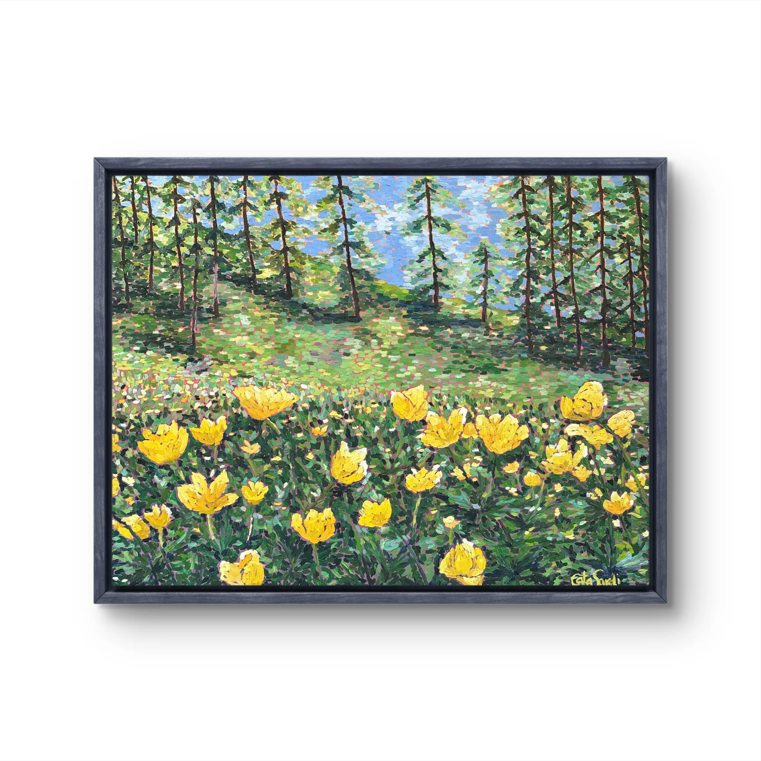 Oil painting of a meadow filled with bright yellow buttercup flowers against a purple and orange background, symbolizing imagination, creativity, and childlike joy.