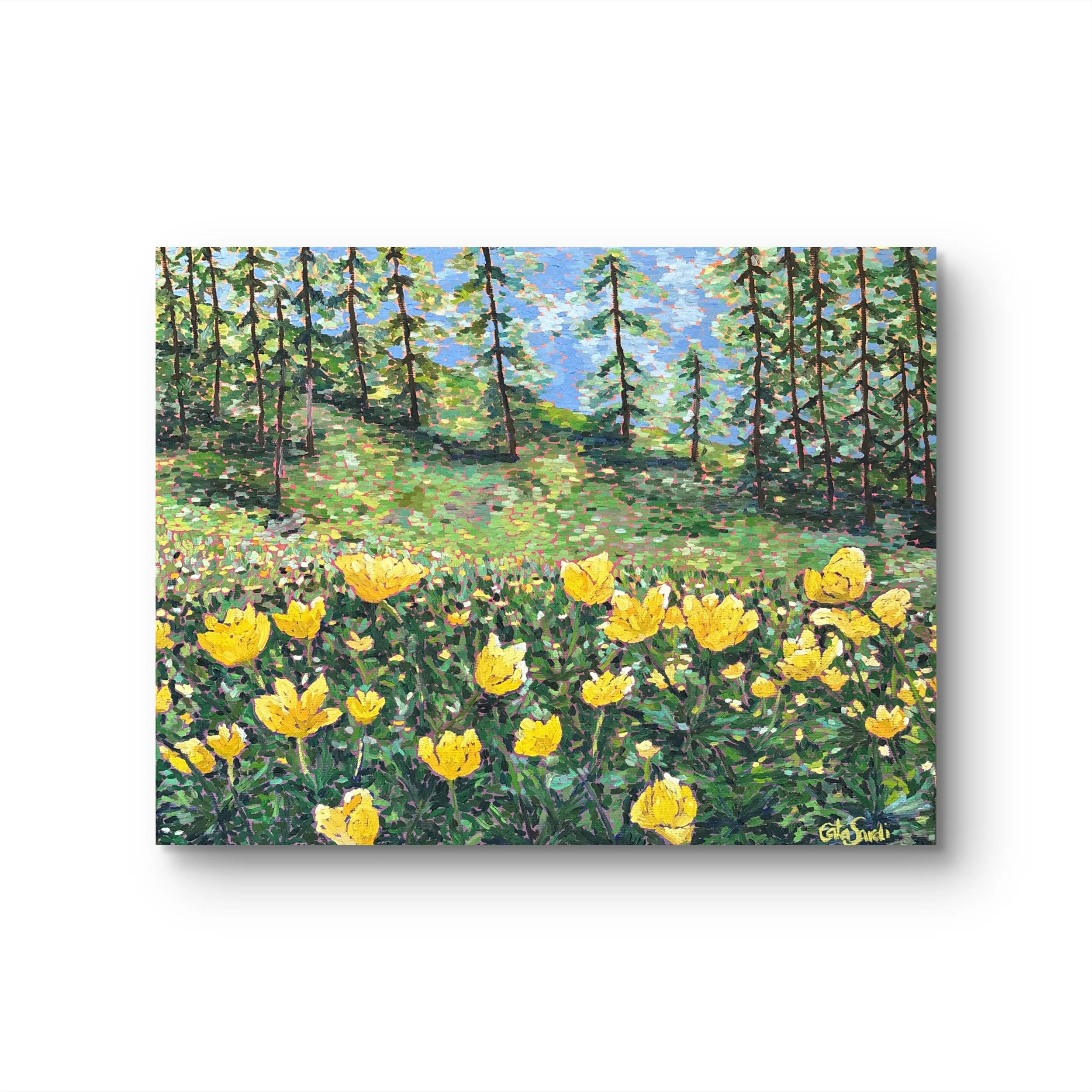 Oil painting of a meadow filled with bright yellow buttercup flowers against a purple and orange background, symbolizing imagination, creativity, and childlike joy.