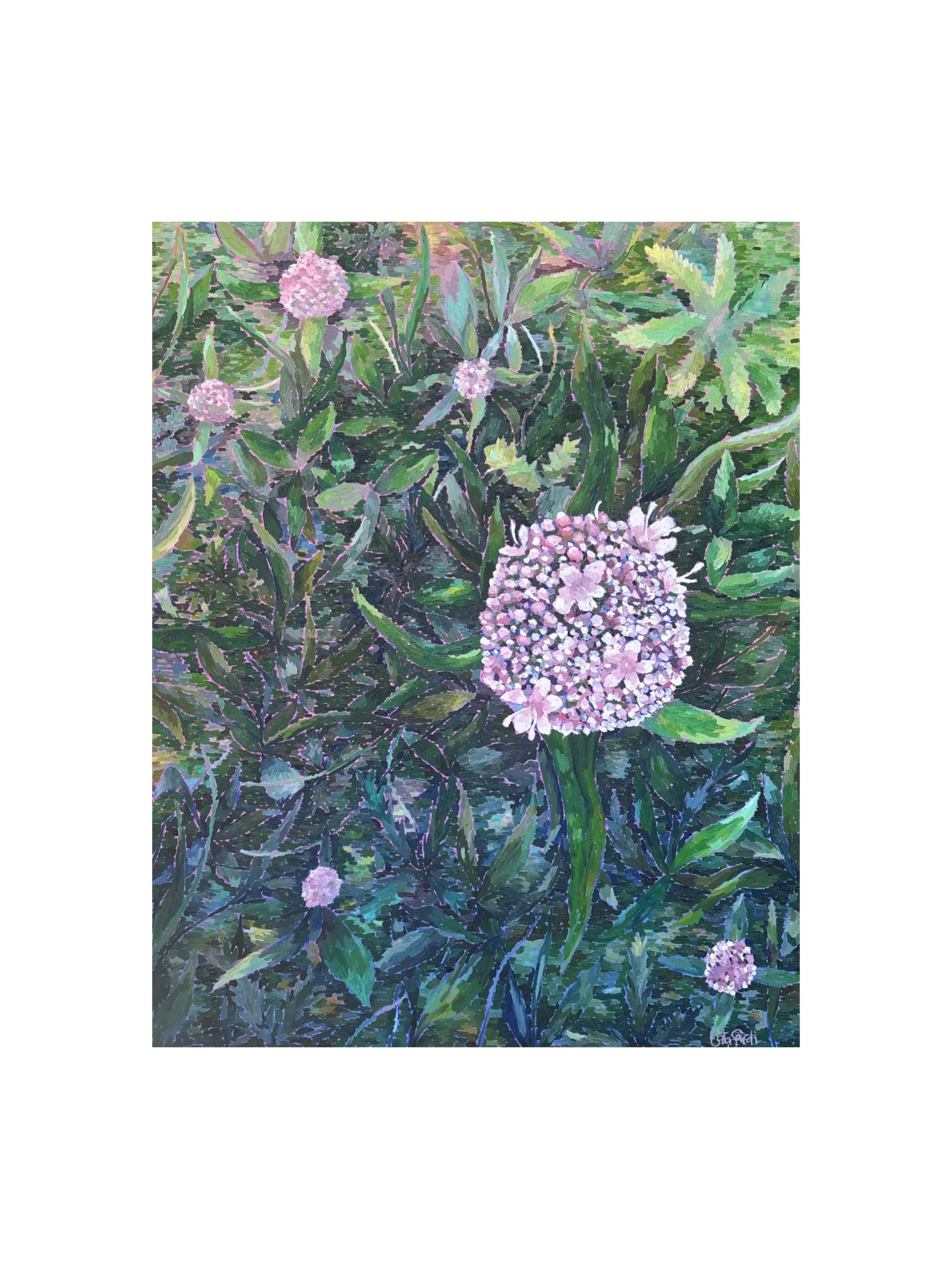Oil painting of a blooming wild valerian surrounded by lush green foliage against a pink and purple background, symbolizing calm, intuition, and inner peace amidst emotional chaos.
