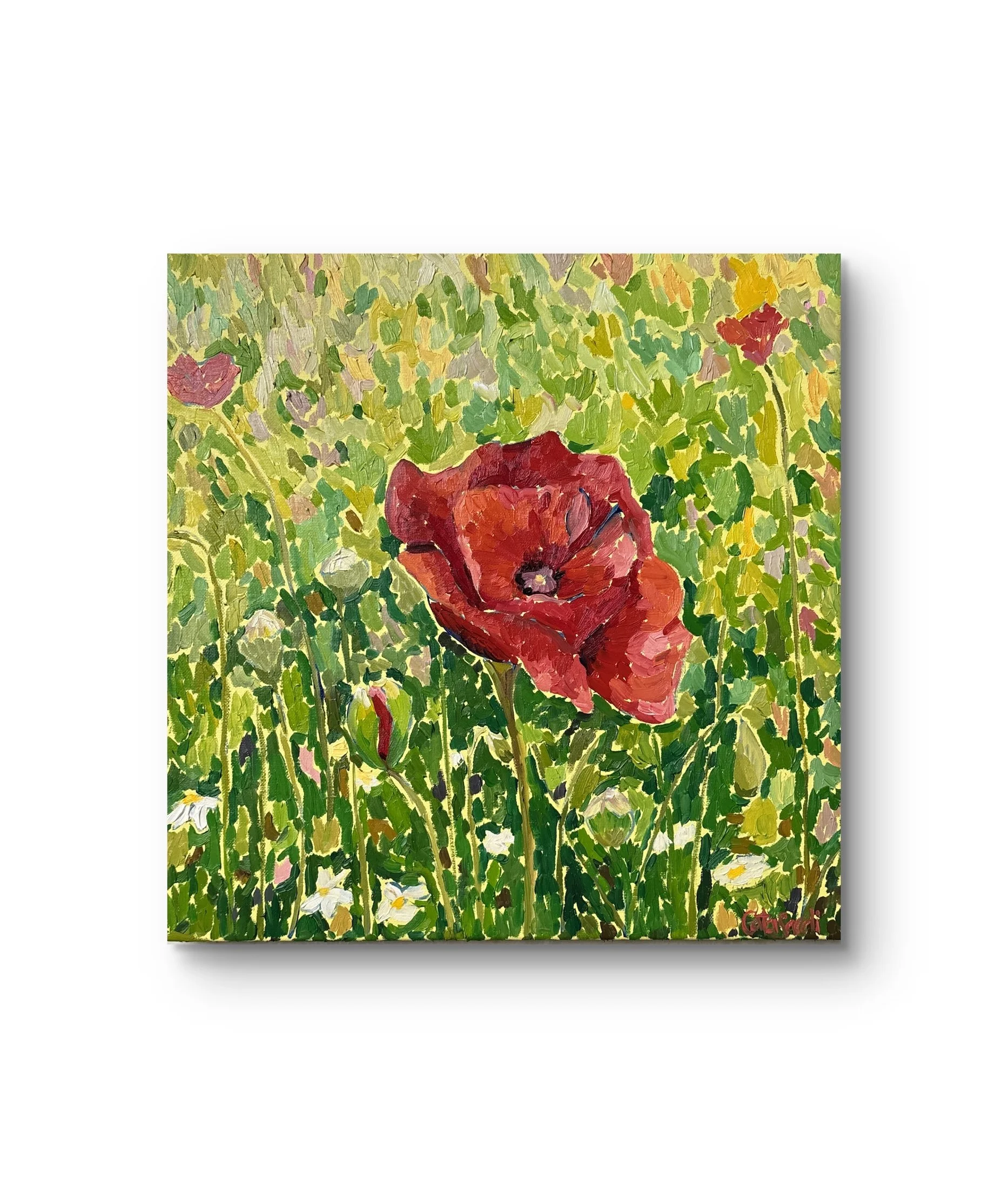 A colorful impressionist painting of a red poppy flower with green foliage in background.