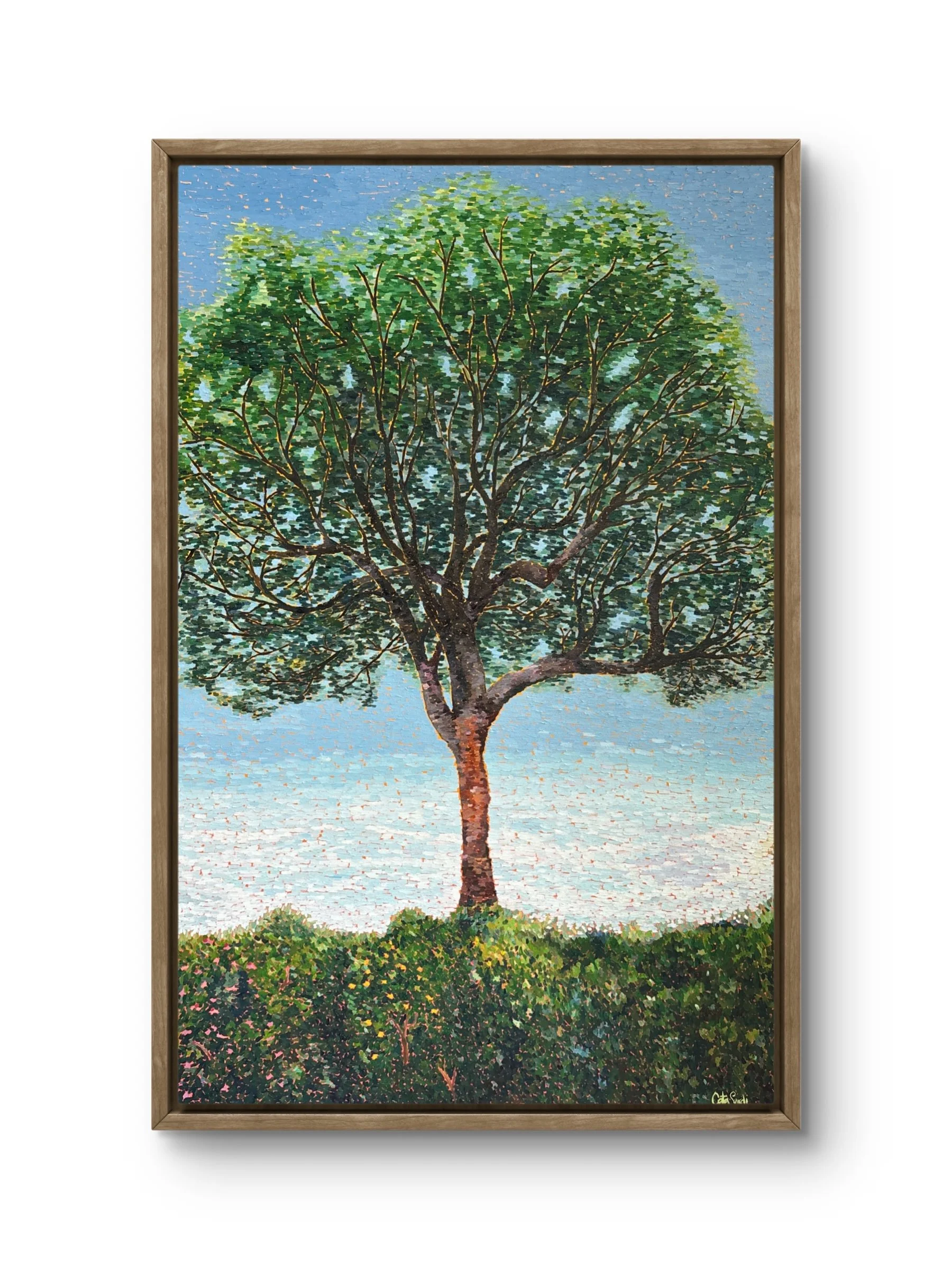 Oil painting of a tree reaching into a blue sky above a vibrant orange landscape, symbolizing personal growth, self-belief, creativity, and the courage to embrace the unknown.