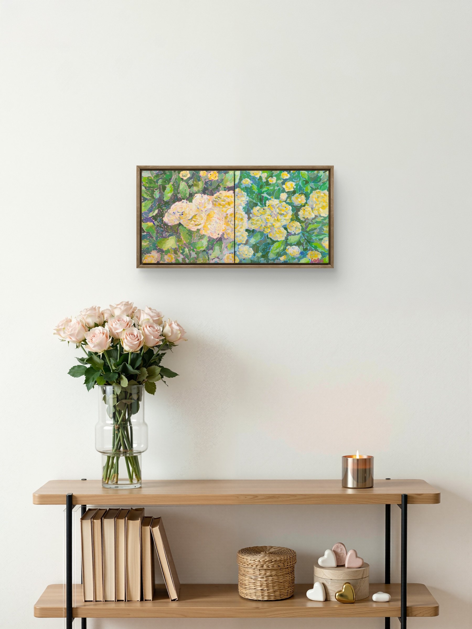 Oil painting of a blooming Lady Banks' rose against pale rose and light blue backgrounds, symbolizing authenticity, vulnerability, and the strength found in gentleness.