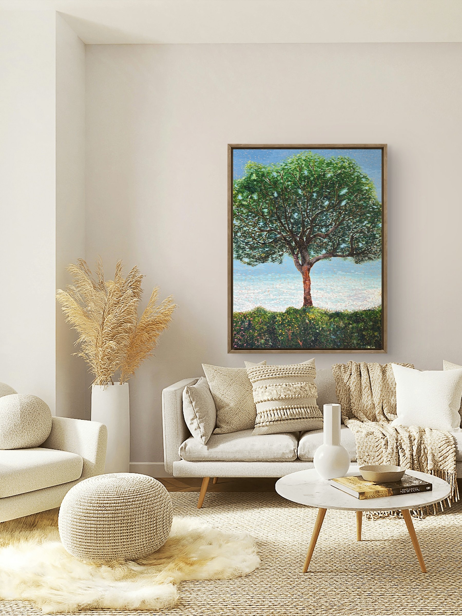 Oil painting of a tree reaching into a blue sky above a vibrant orange landscape, symbolizing personal growth, self-belief, creativity, and the courage to embrace the unknown.