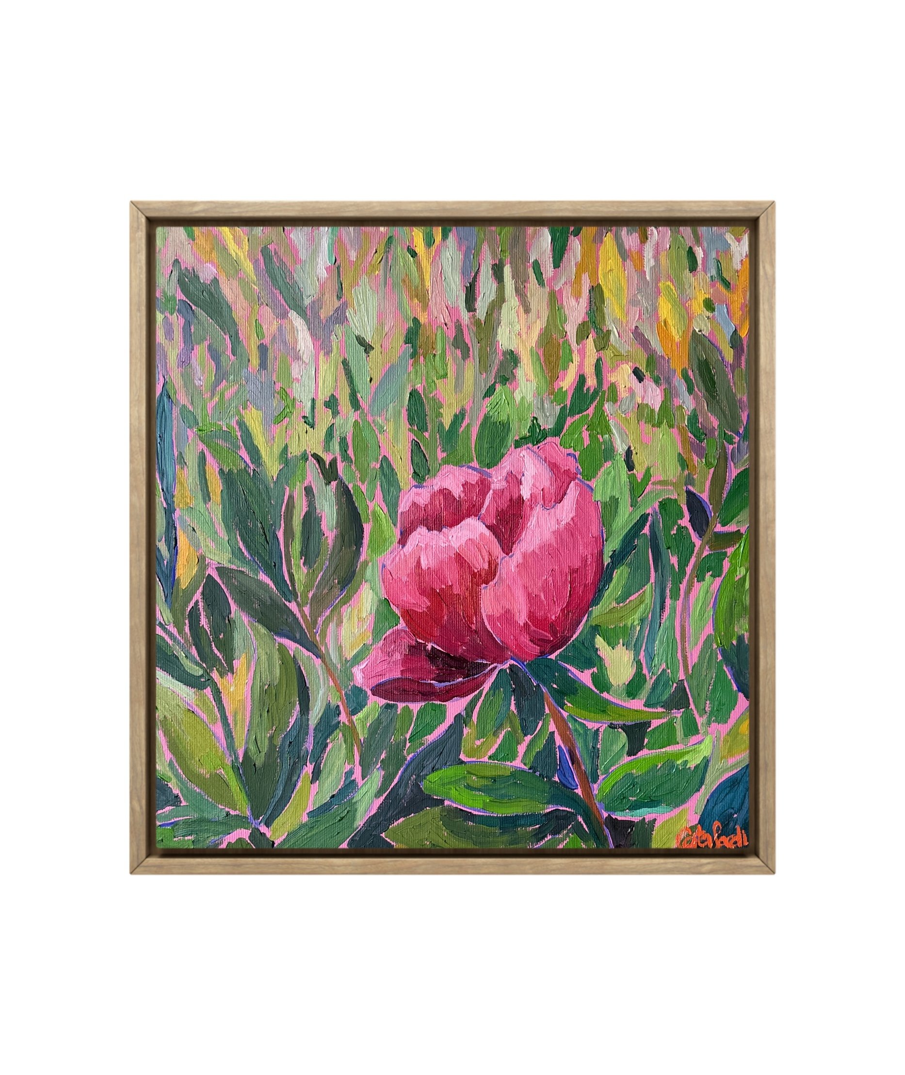 Oil painting of a peony flower representing tenderness, self-worth, and emotional openness. Surrounded by a soft rose-toned background of compassion and warmth.