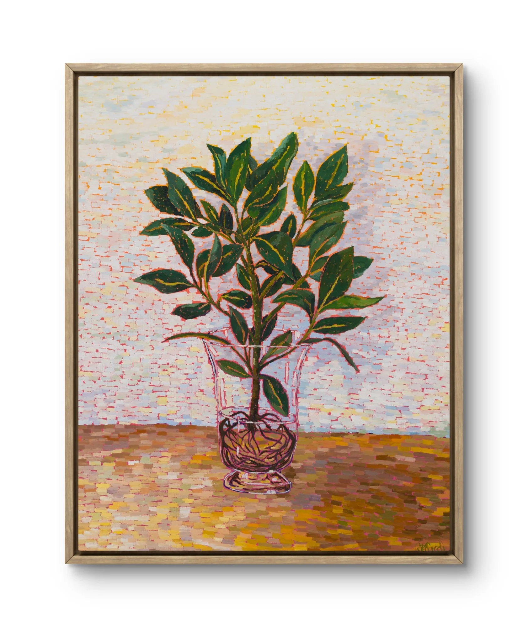 Inspired by the quiet presence of the autograph tree in my studio, a calm and steady witness to my creative process. The vibrant orange background reflects our shared creative energy, while the softer tones bring balance and warmth. Image with light 