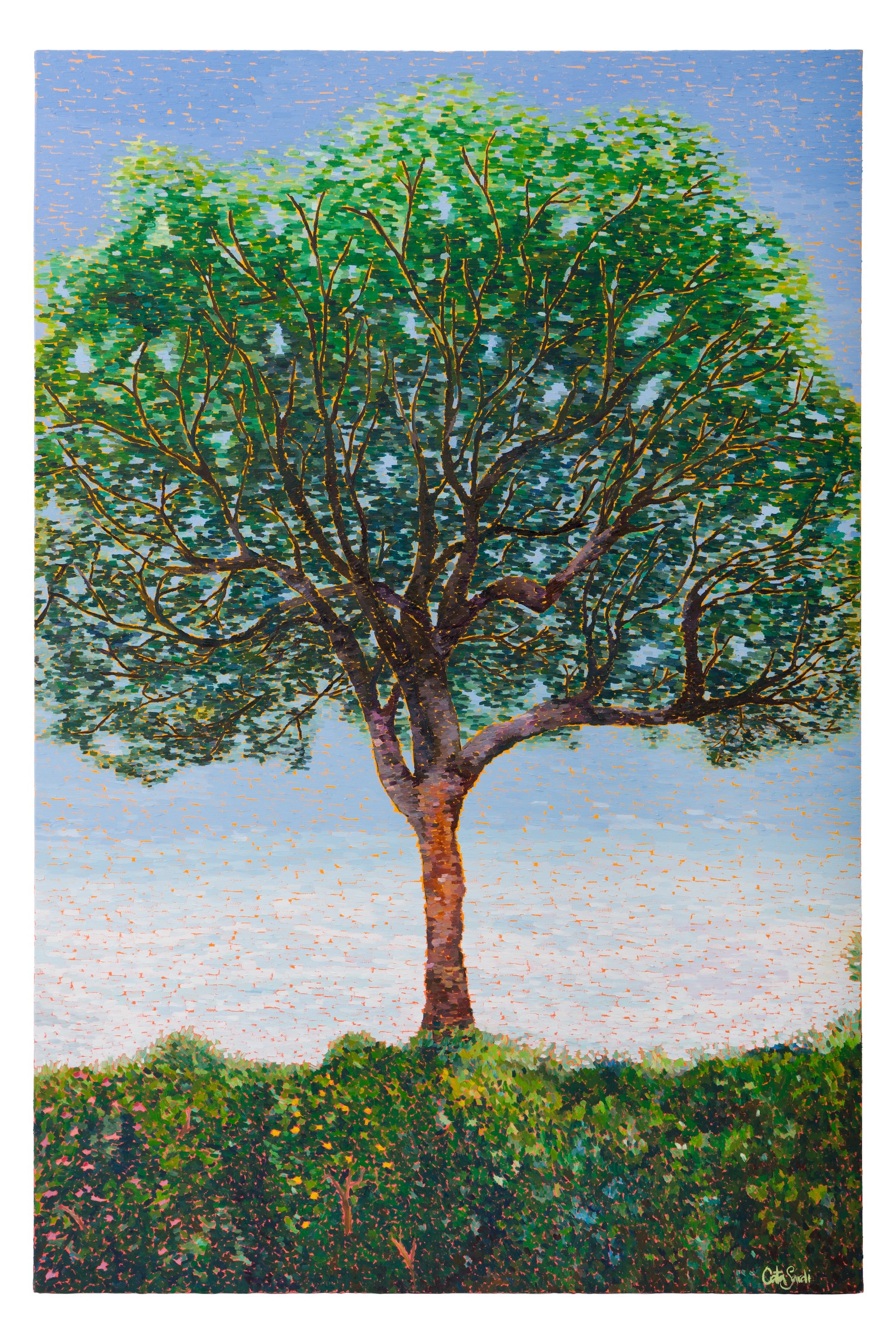 Oil painting of a tree reaching into a blue sky above a vibrant orange landscape, symbolizing personal growth, self-belief, creativity, and the courage to embrace the unknown.