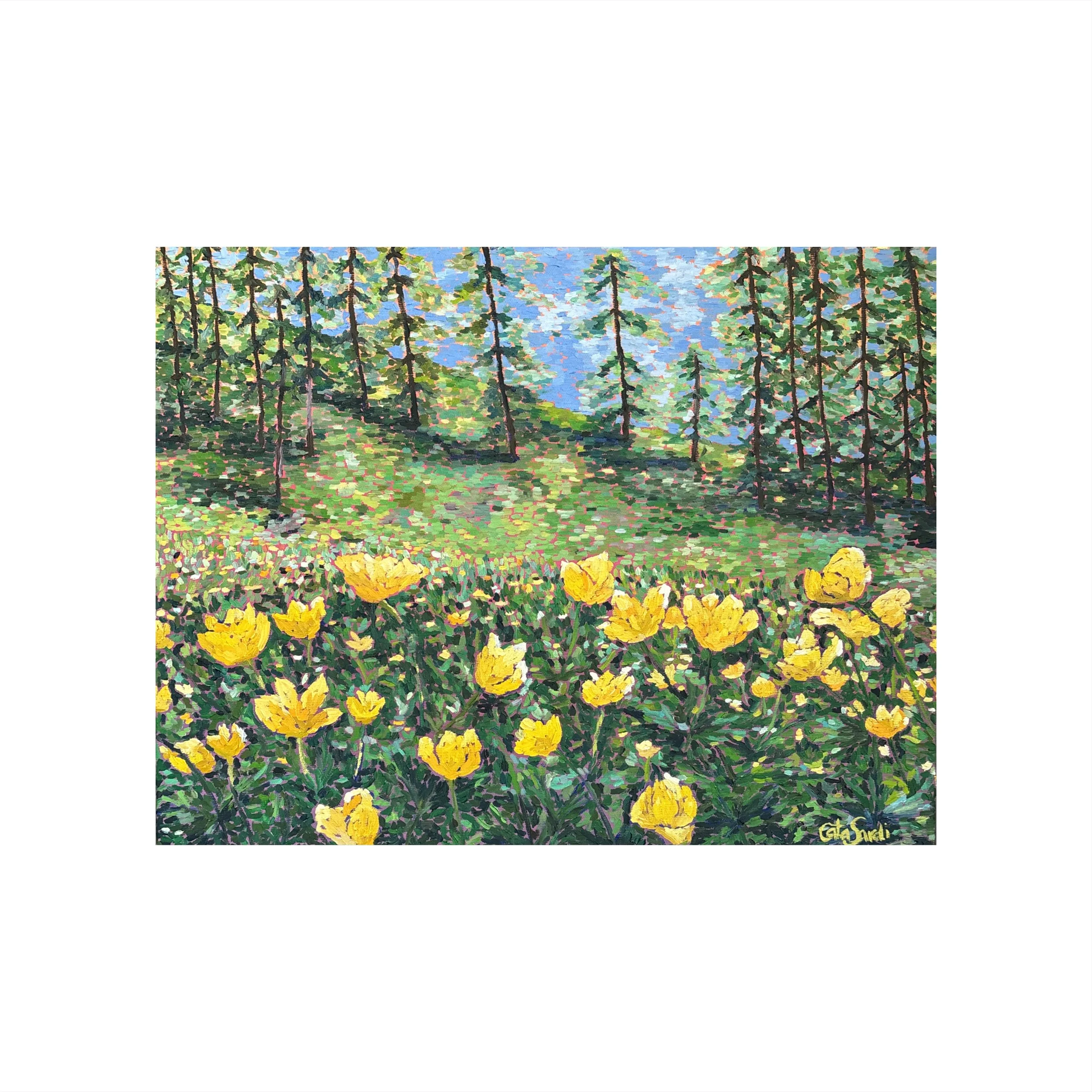 Oil painting of a meadow filled with bright yellow buttercup flowers against a purple and orange background, symbolizing imagination, creativity, and childlike joy.