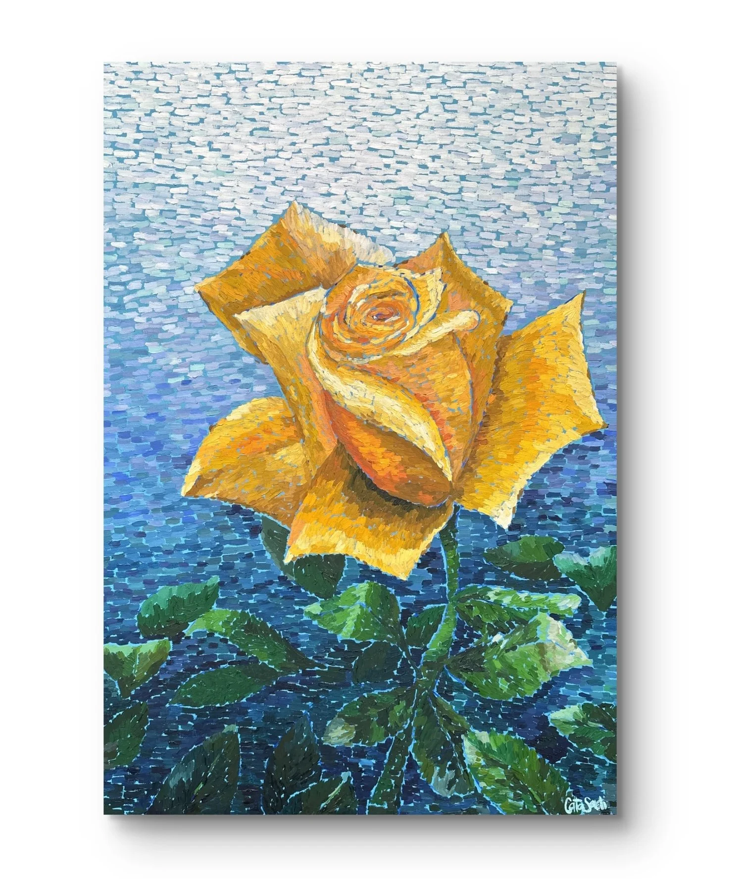 An original oil painting titled "Expansiveness" by Catalina Sardi. The composition features a central yellow rose emerging from a blue background.
