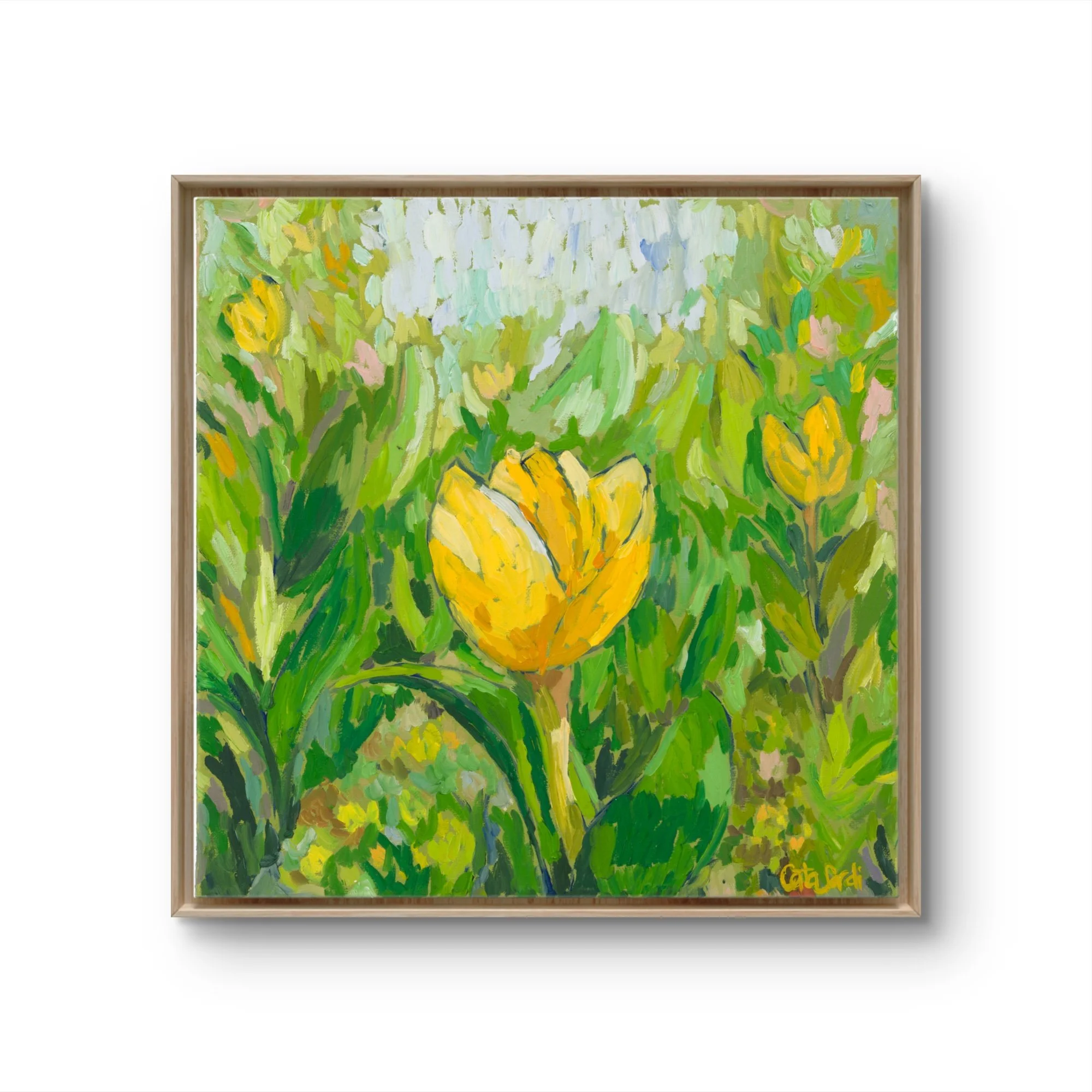 Original oil painting of a yellow tulip symbolizing renewal, emotional balance, and trust in new beginnings. Set against a healing light green background, this 30 × 30 cm artwork is part of the Steadfast series by Catalina Sardi, exploring resilience