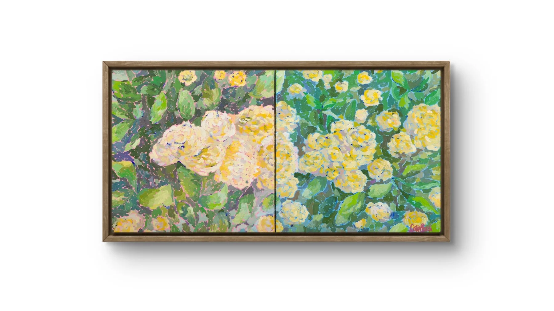 Oil painting of a blooming Lady Banks' rose against pale rose and light blue backgrounds, symbolizing authenticity, vulnerability, and the strength found in gentleness.
