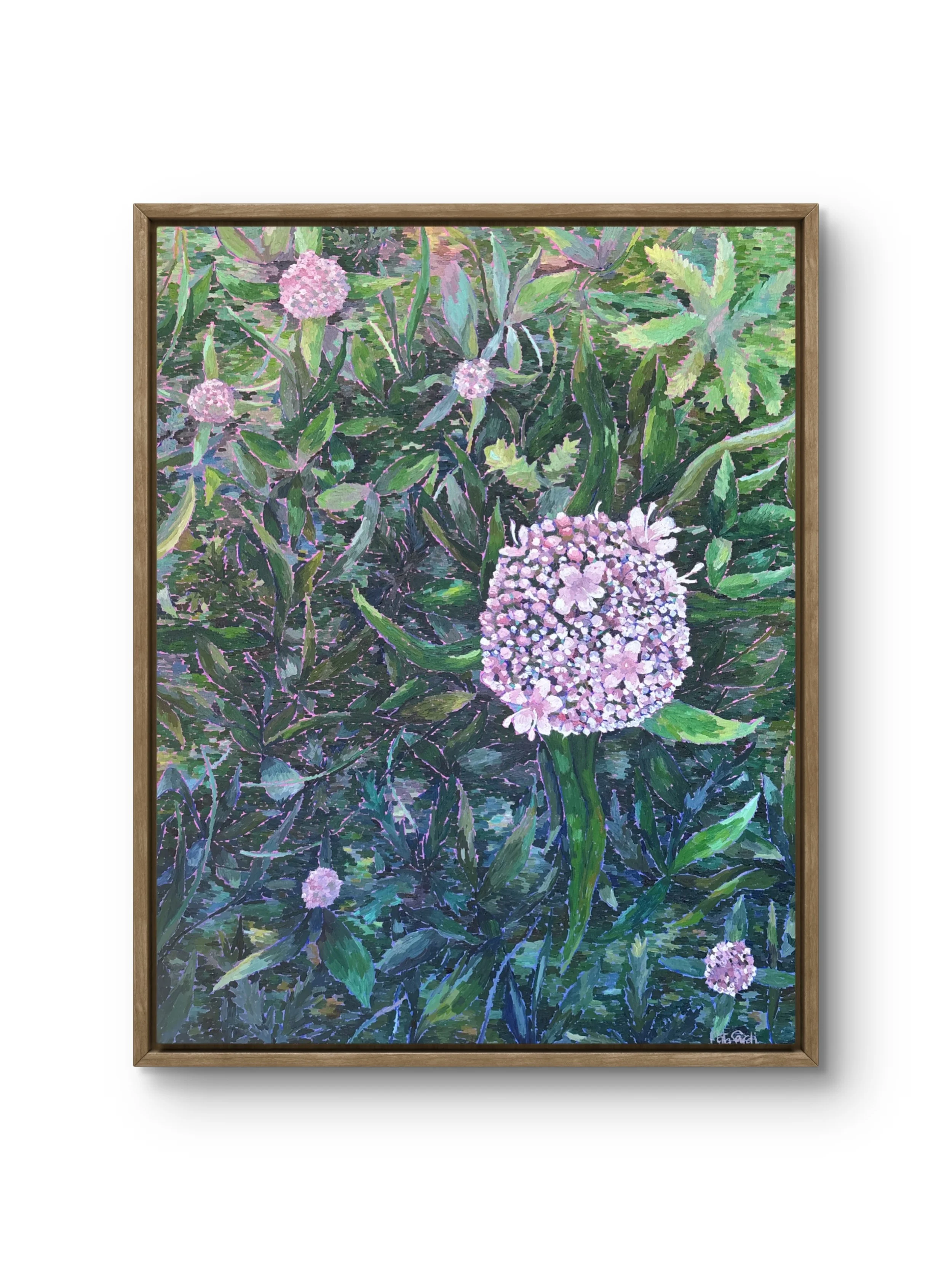 Oil painting of a blooming wild valerian surrounded by lush green foliage against a pink and purple background, symbolizing calm, intuition, and inner peace amidst emotional chaos.