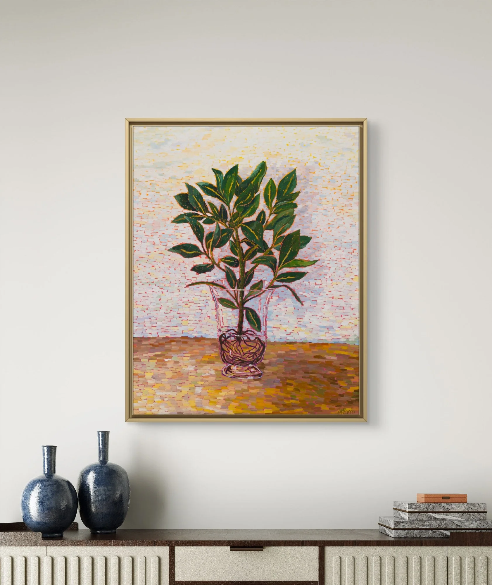 Inspired by the quiet presence of the autograph tree in my studio, a calm and steady witness to my creative process. The vibrant orange background reflects our shared creative energy, while the softer tones bring balance and warmth.
Painting staged