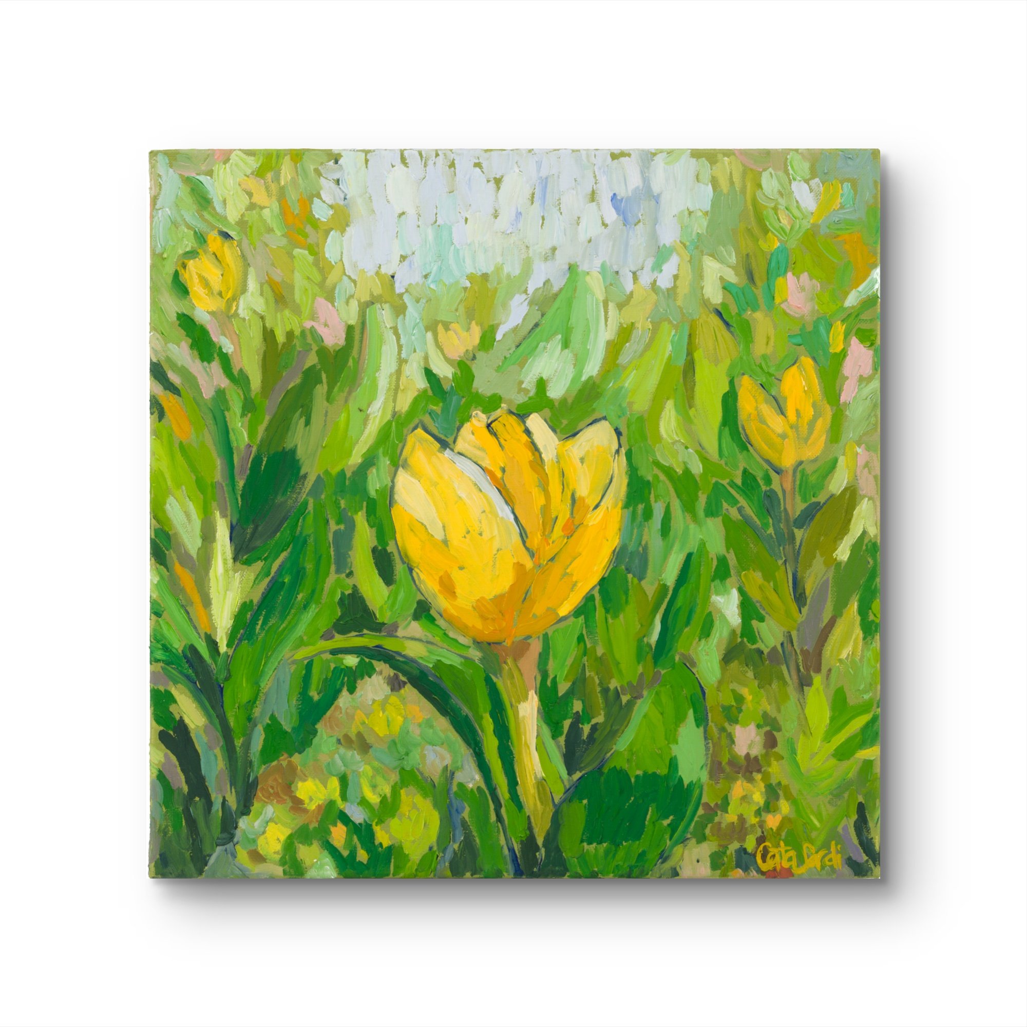 Original oil painting of a yellow tulip symbolizing renewal, emotional balance, and trust in new beginnings. Set against a healing light green background, this 30 × 30 cm artwork is part of the Steadfast series by Catalina Sardi, exploring resilience