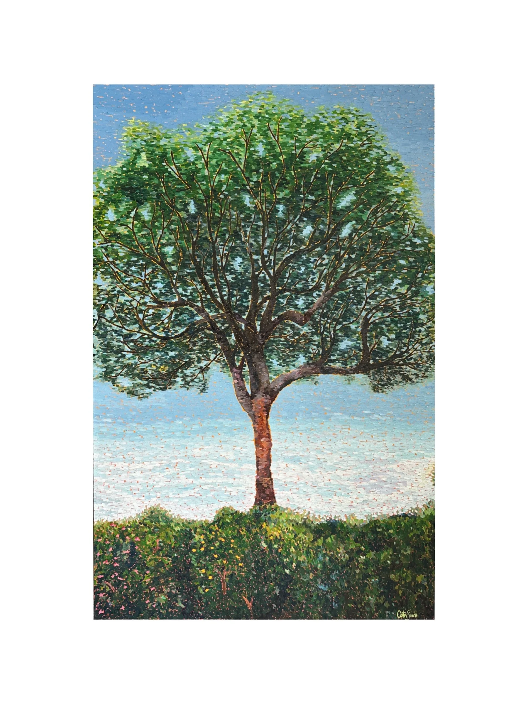 Oil painting of a tree reaching into a blue sky above a vibrant orange landscape, symbolizing personal growth, self-belief, creativity, and the courage to embrace the unknown.