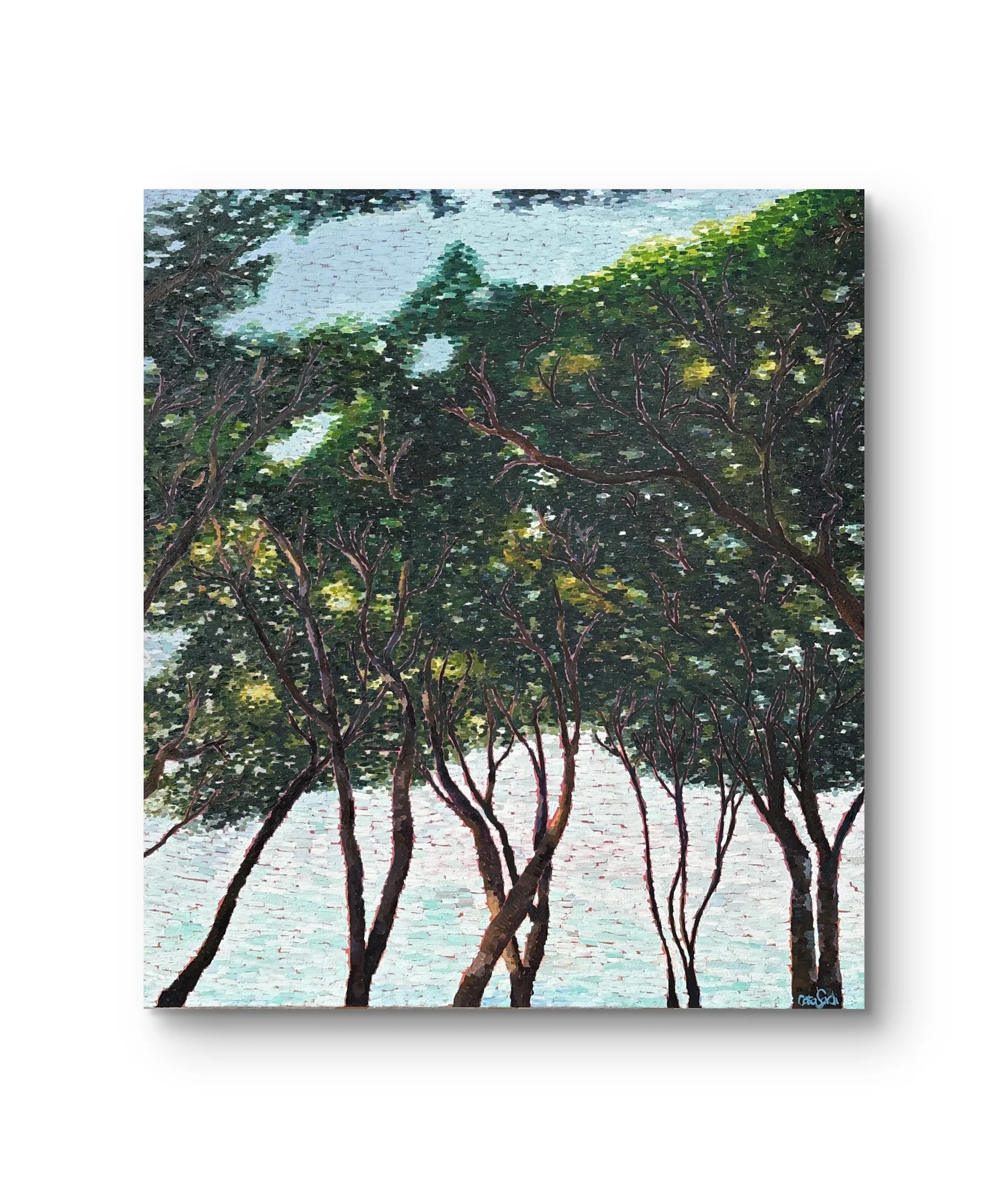 Dancing Trees is an original oil on canvas (90x100cm) by Catalina Sardi, inspired by the rhythmic movement of trees in the wind. A contemporary botanical painting exploring connection, fluidity, and creative energy.