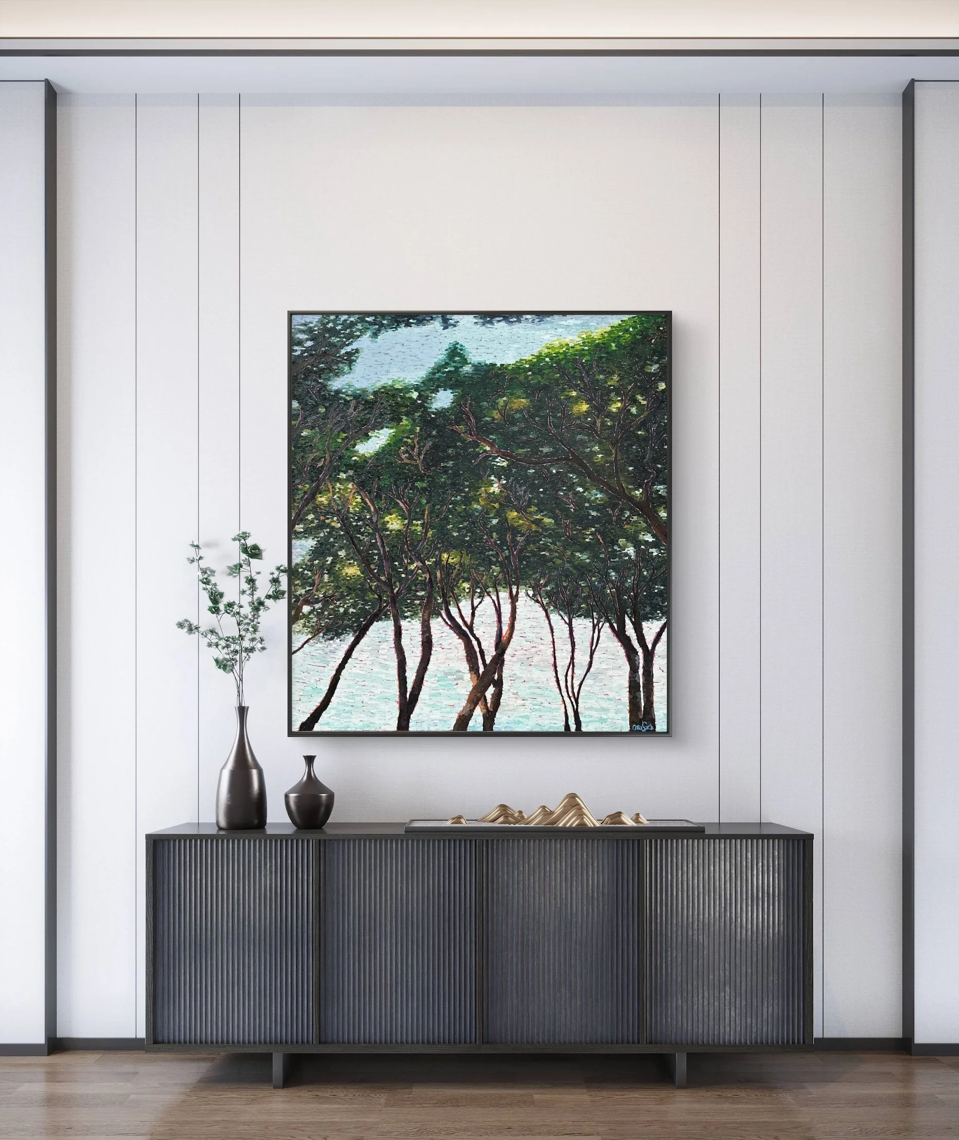 Dancing Trees is an original oil on canvas (90x100cm) by Catalina Sardi, inspired by the rhythmic movement of trees in the wind. A contemporary botanical painting exploring connection, fluidity, and creative energy.