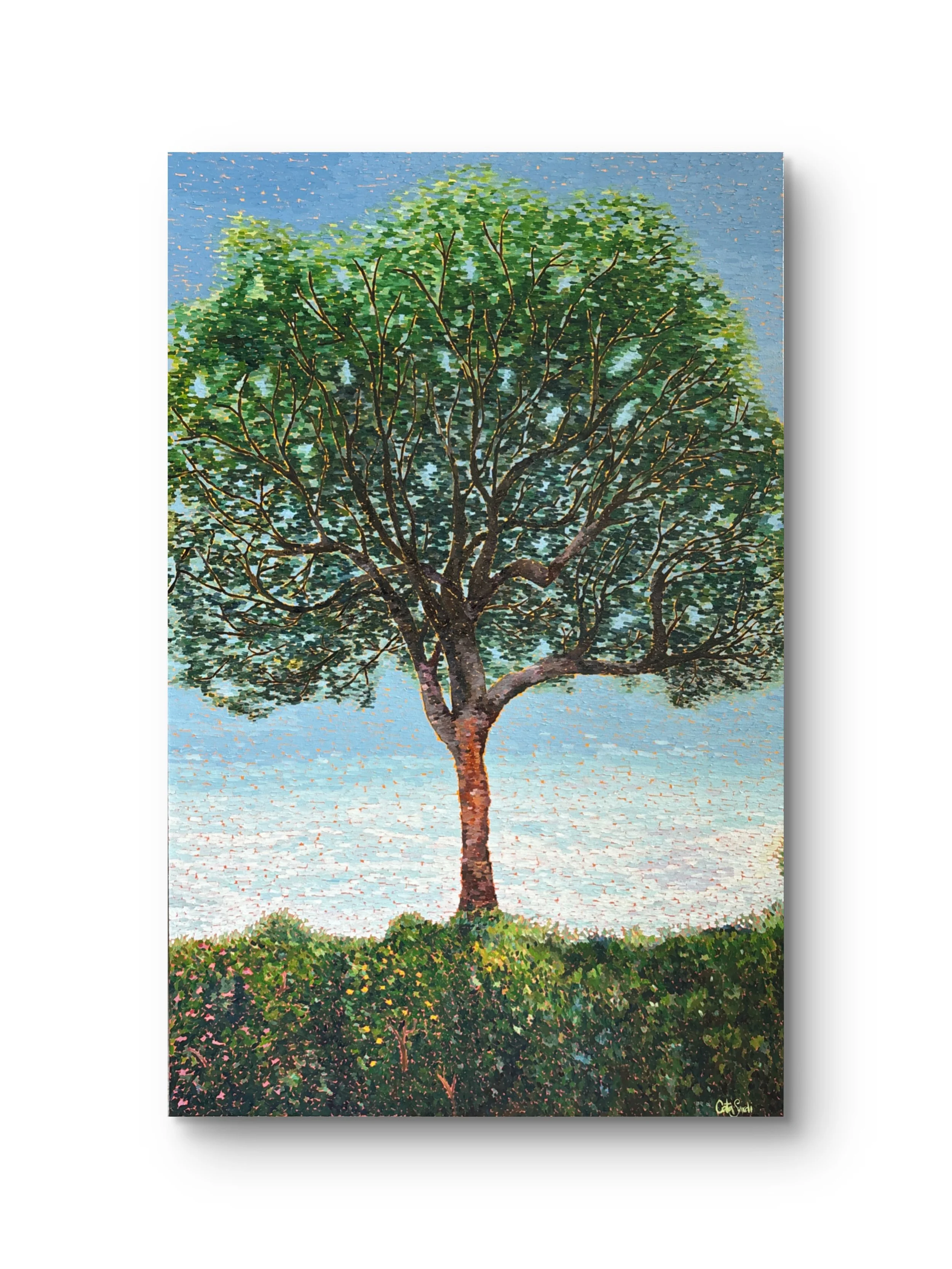 Oil painting of a tree reaching into a blue sky above a vibrant orange landscape, symbolizing personal growth, self-belief, creativity, and the courage to embrace the unknown.