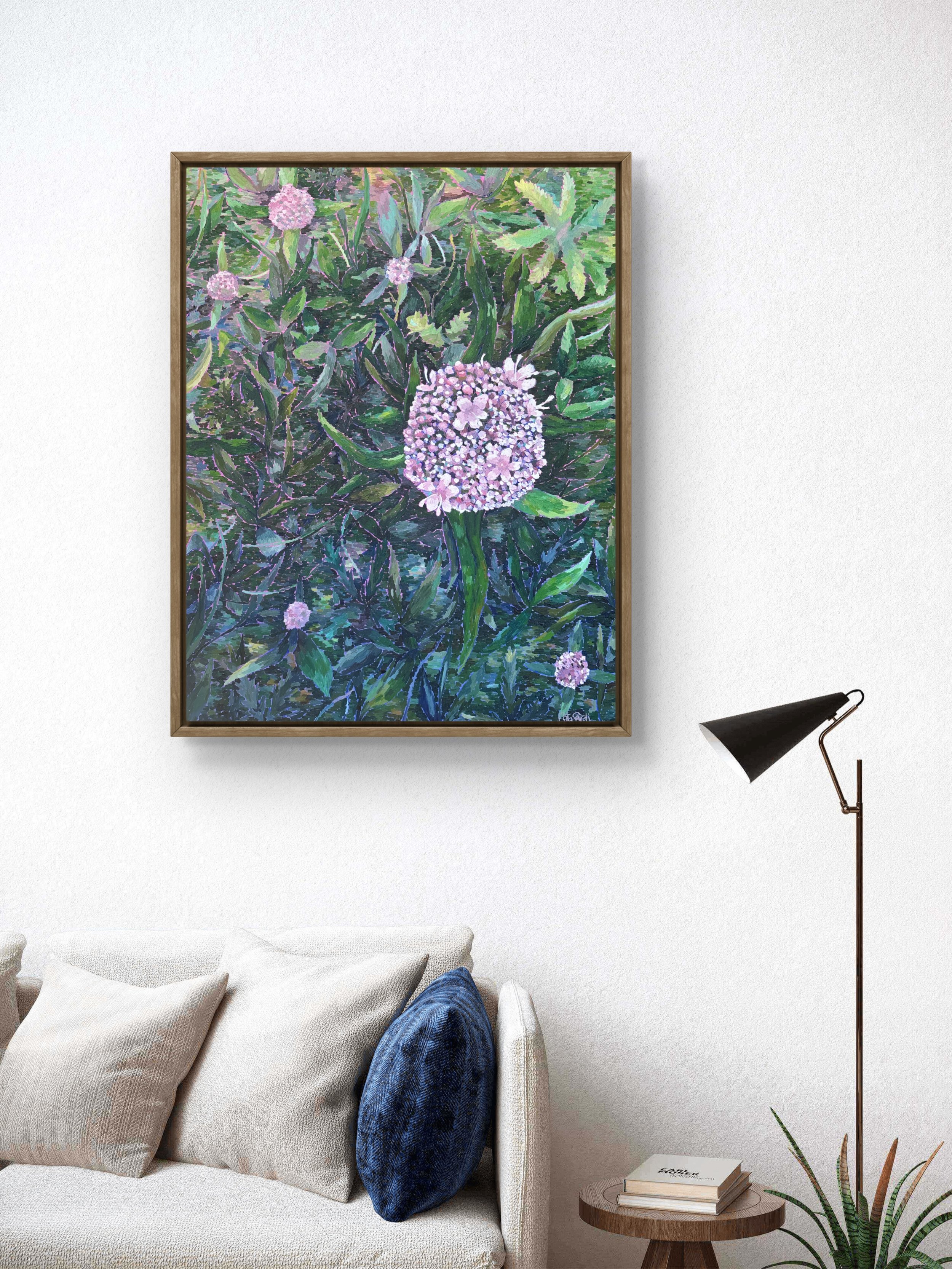 Oil painting of a blooming wild valerian surrounded by lush green foliage against a pink and purple background, symbolizing calm, intuition, and inner peace amidst emotional chaos.