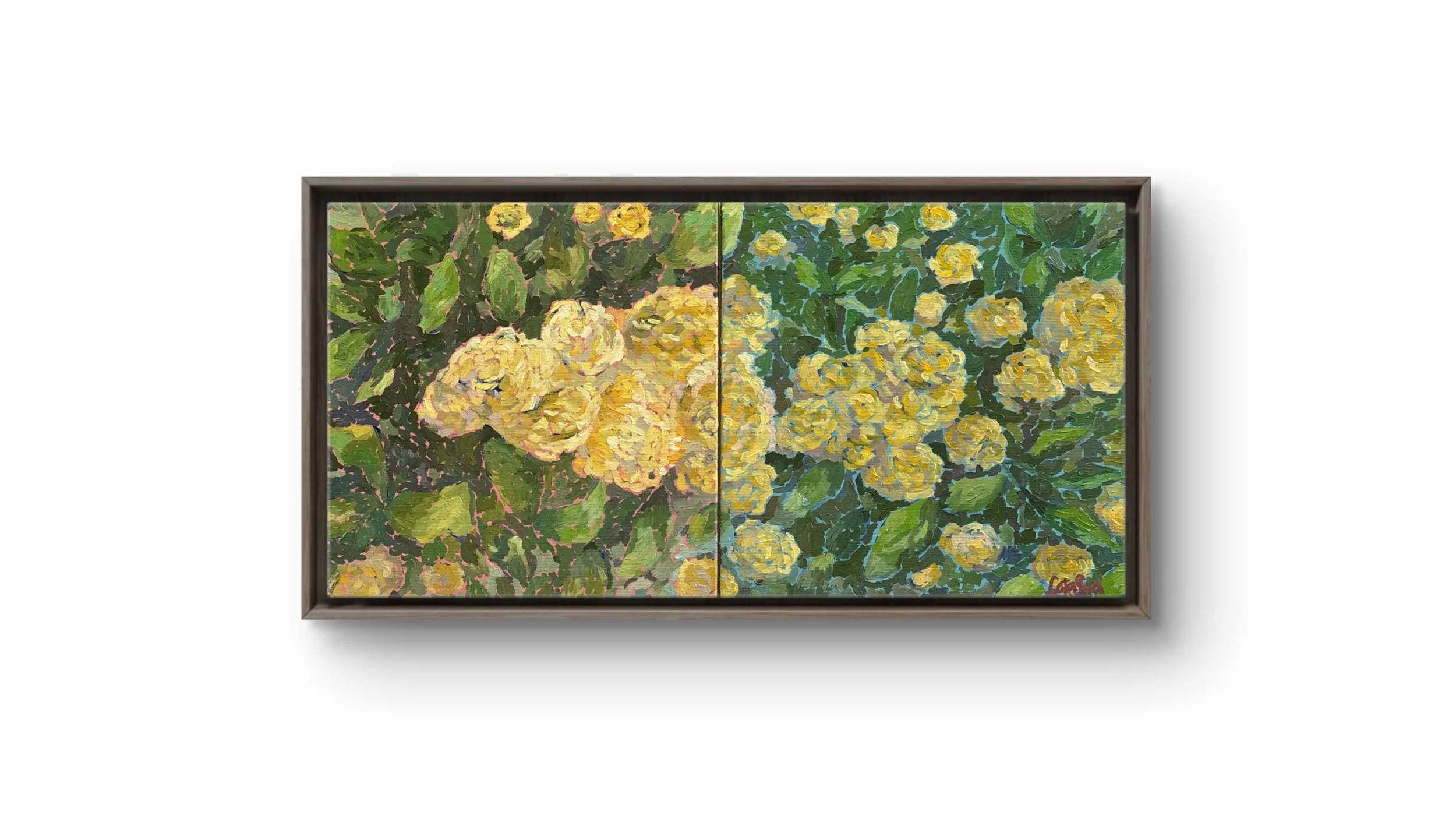 Oil painting of a blooming Lady Banks' rose against pale rose and light blue backgrounds, symbolizing authenticity, vulnerability, and the strength found in gentleness.
Delicate yellow Lady Banks' roses surrounded by soft pink and blue tones, represe