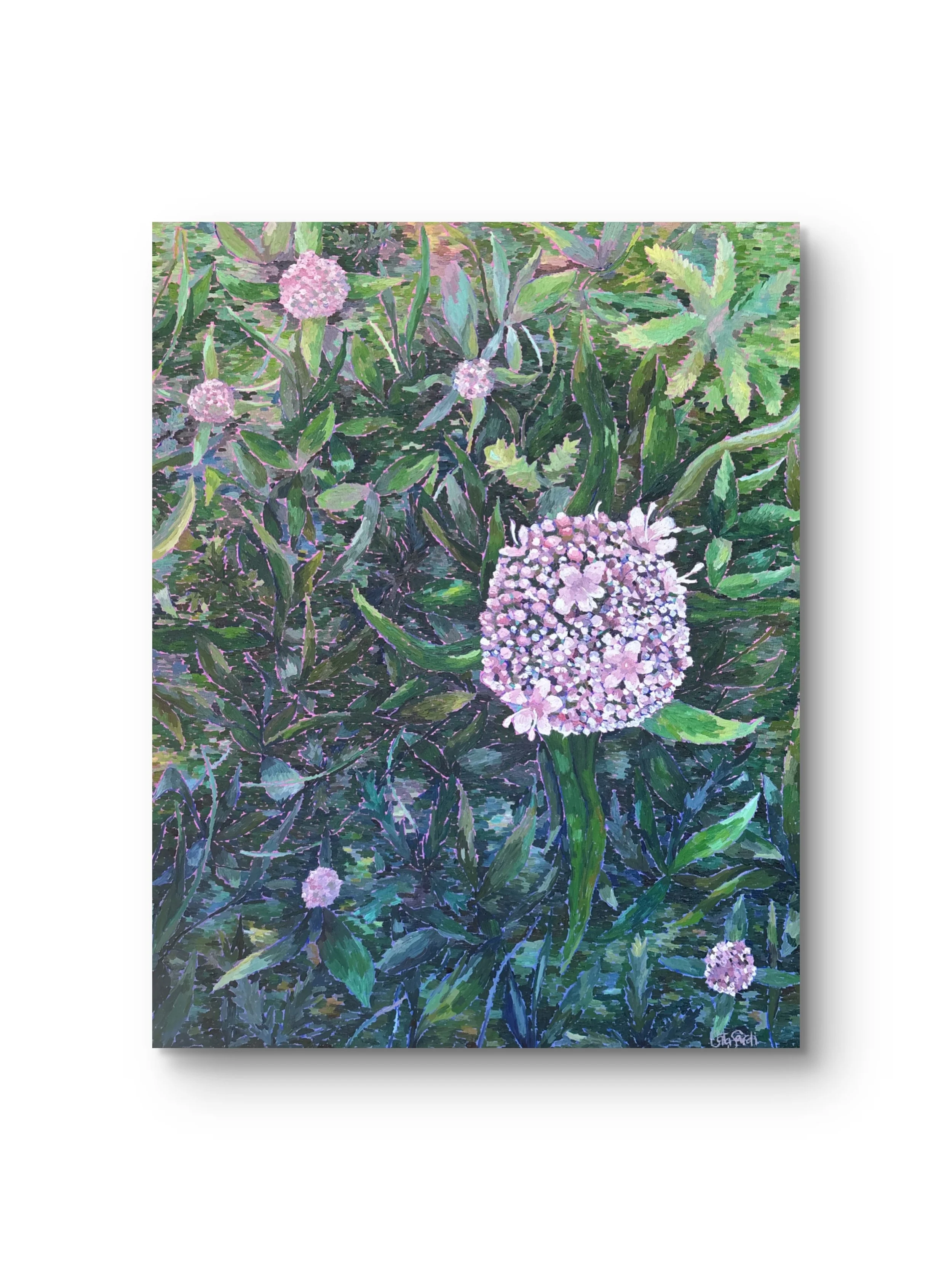 Oil painting of a blooming wild valerian surrounded by lush green foliage against a pink and purple background, symbolizing calm, intuition, and inner peace amidst emotional chaos.