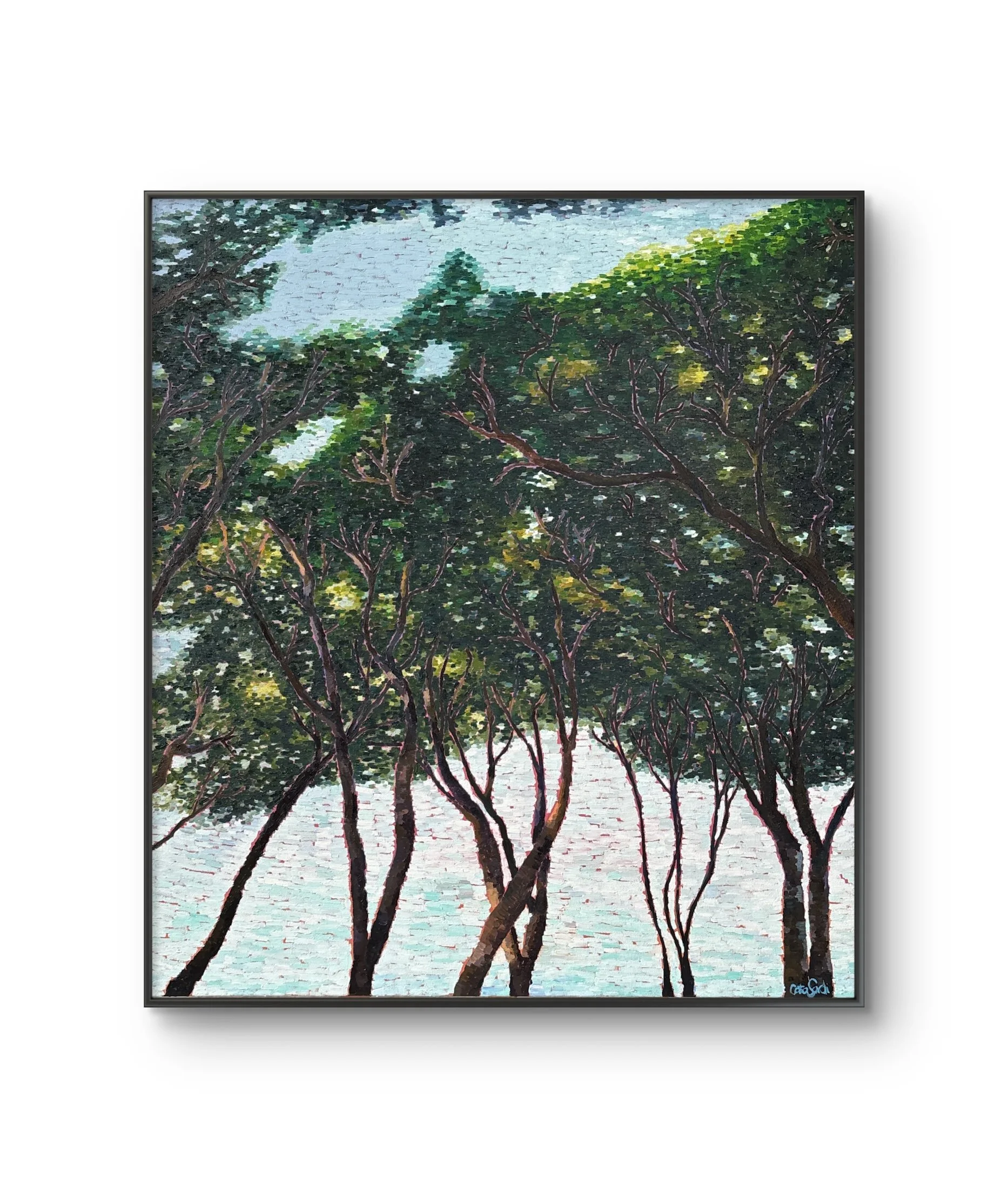 Dancing Trees is an original oil on canvas (90x100cm) by Catalina Sardi, inspired by the rhythmic movement of trees in the wind. A contemporary botanical painting exploring connection, fluidity, and creative energy.