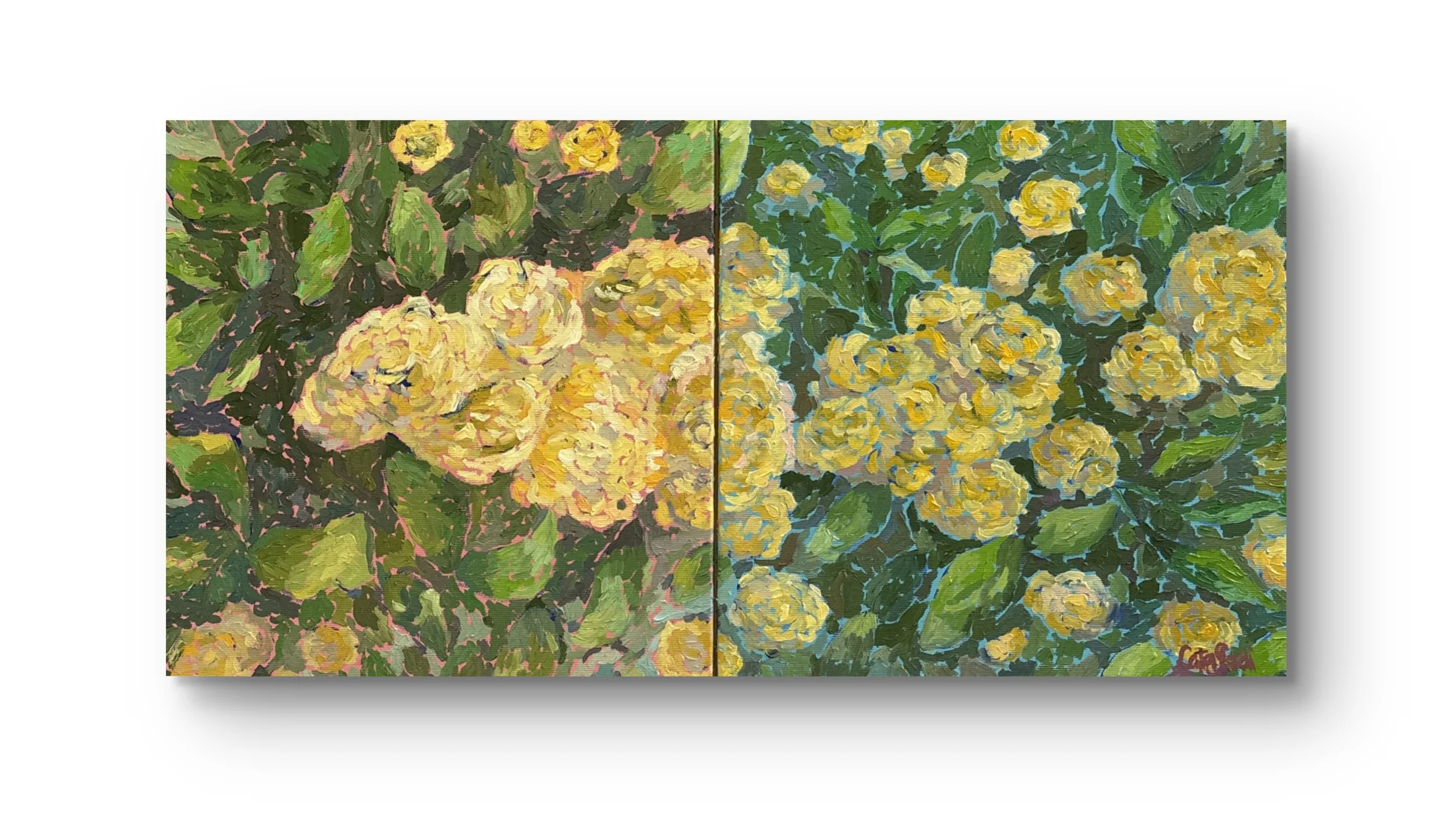 Oil painting of a blooming Lady Banks' rose against pale rose and light blue backgrounds, symbolizing authenticity, vulnerability, and the strength found in gentleness.
Delicate yellow Lady Banks' roses surrounded by soft pink and blue tones, represe