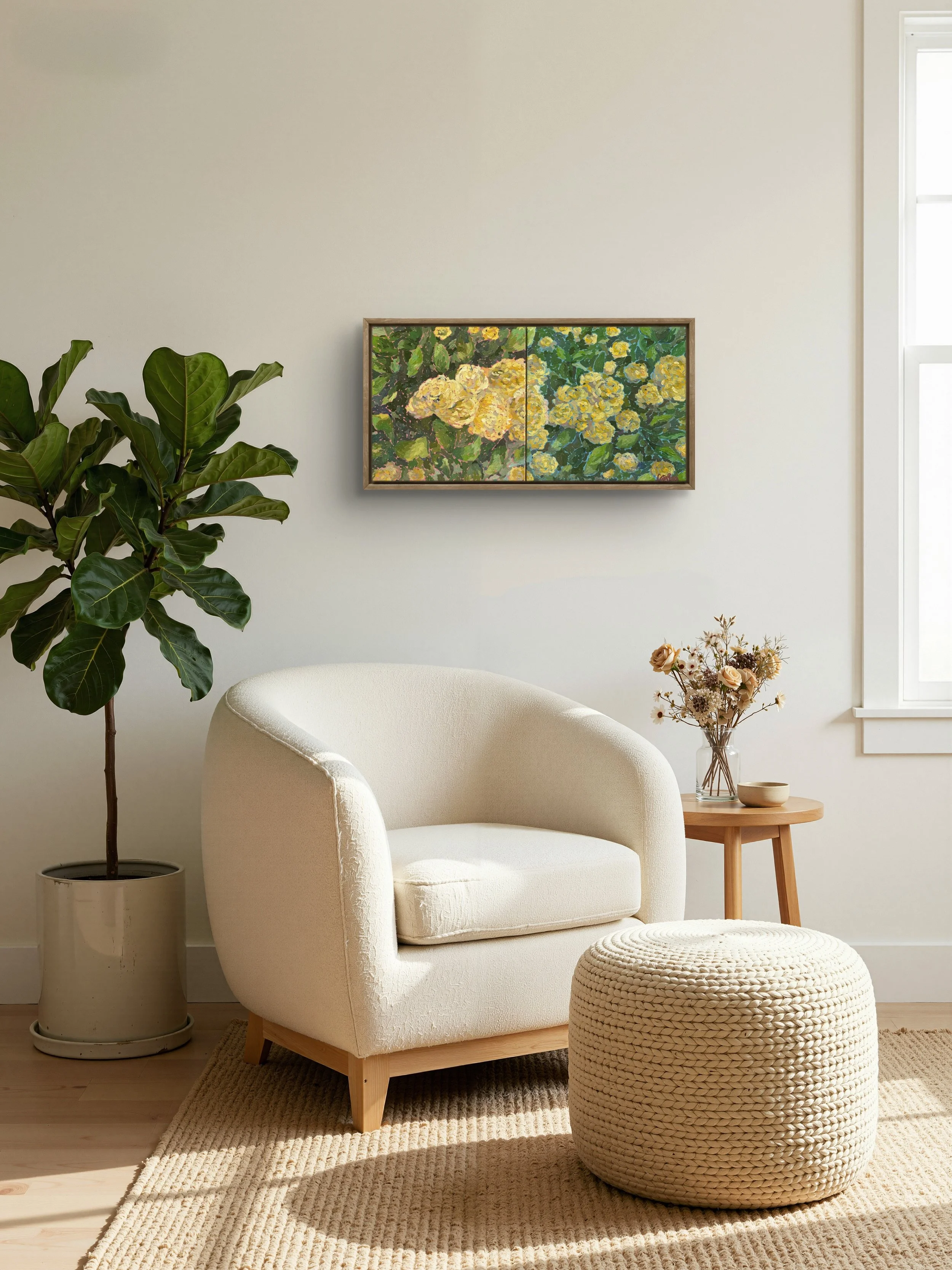 Oil painting of a blooming Lady Banks' rose against pale rose and light blue backgrounds, symbolizing authenticity, vulnerability, and the strength found in gentleness.
Delicate yellow Lady Banks' roses surrounded by soft pink and blue tones, represe