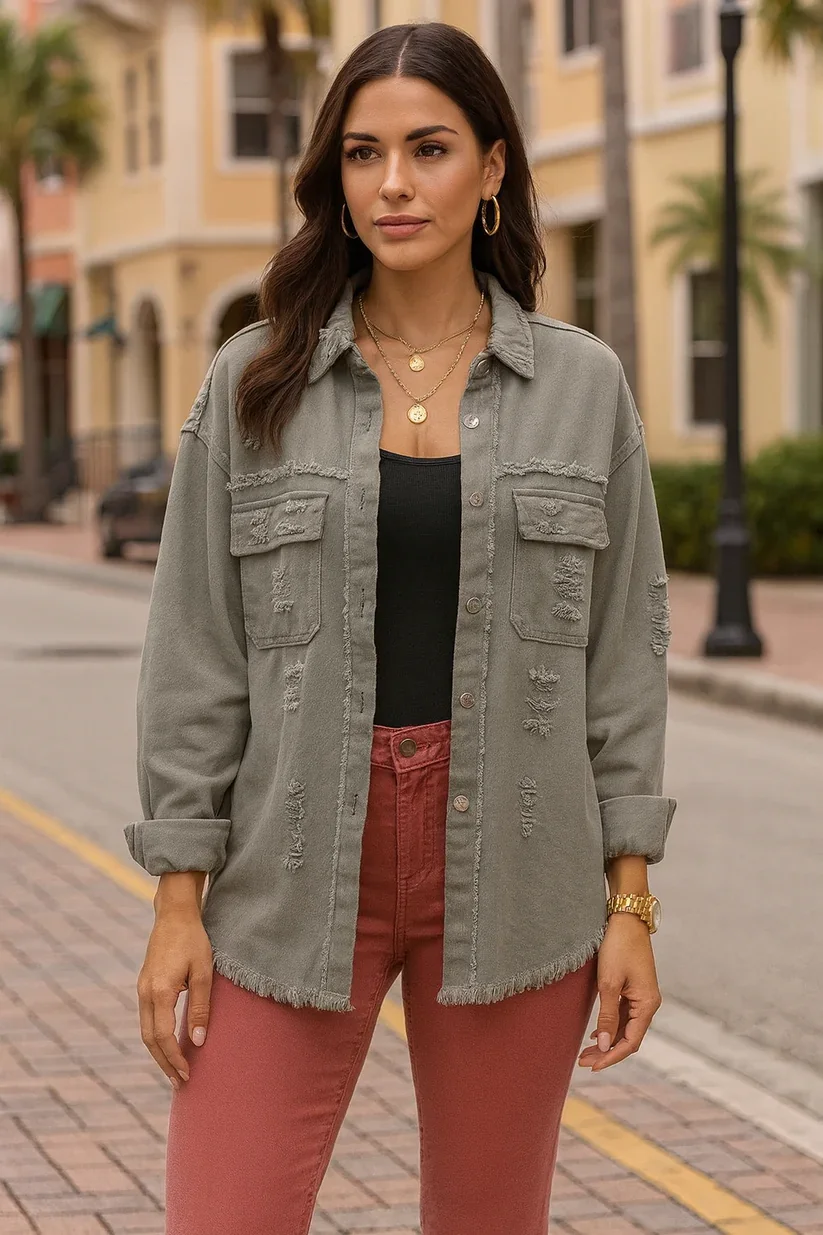 LTX - 58016 GRAY DENIM DISTRESS SHIRT WITH RAW EDGE-6 PACK