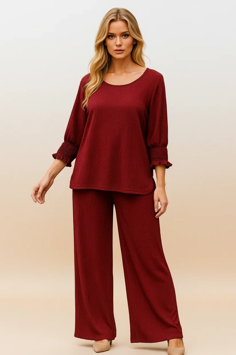 LTX-6547 Scarlet Charm Smocked Sleeve Blouse and 1234 Pants Two-Piece Set-6 PACK