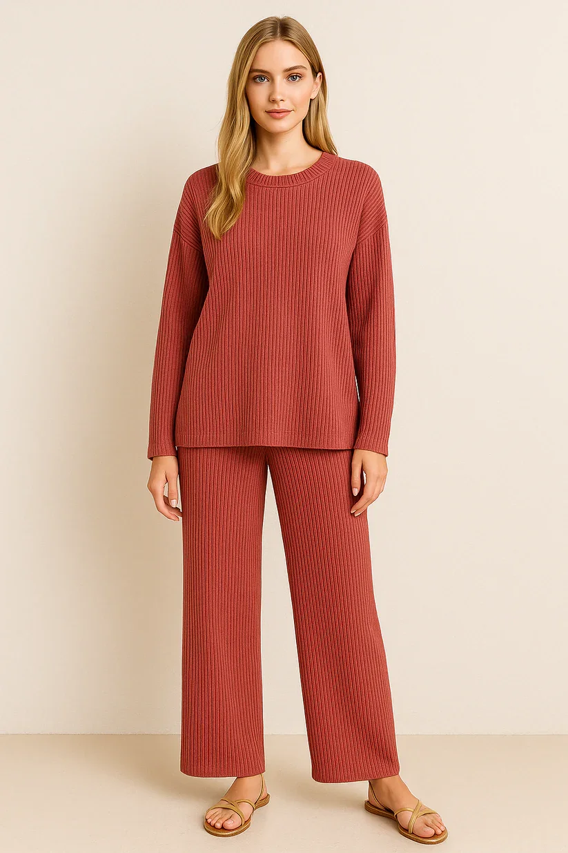 5535 Crimson Chic Ribbed Long Sleeve Top & Pants Set.webp