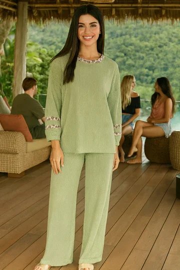 LTX-370 Sage Ribbed Long Sleeves Blouse with Leopard Trim & Ribbed Wide-Leg Pants 2pc set-8 PACK