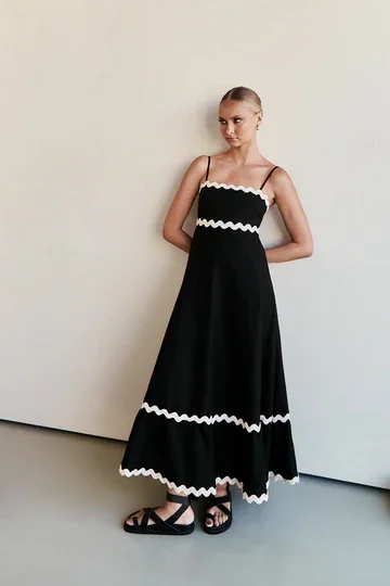 LTX-Style 88106 Black Ric Rac Trim Sphagetti Strap Maxi Dress
