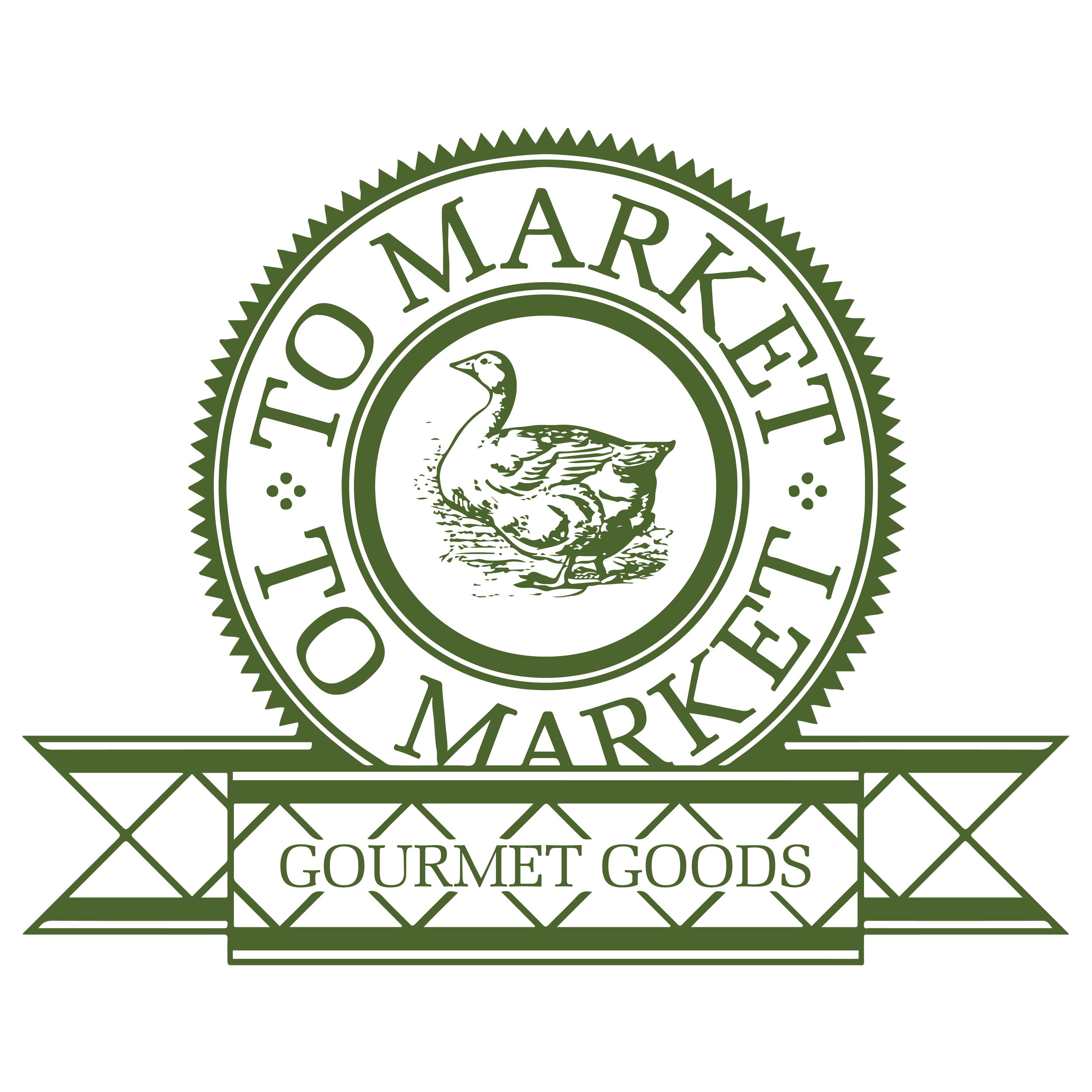 Logo with a circular emblem featuring a goose and the text 'TO MARKET' repeated twice around it, and a banner below reading 'GOURMET GOODS' with a decorative pattern.