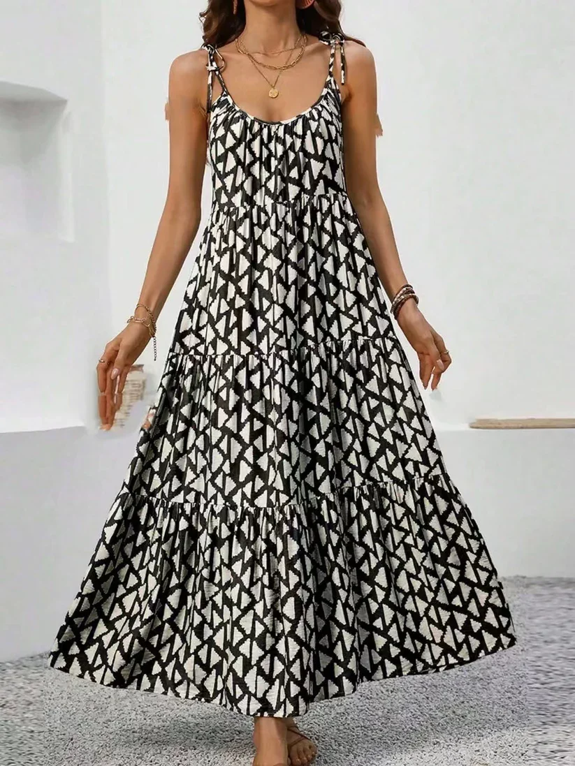 LTX-Style 040 Spaghetti Strap Black & White Maxi Tiered Dress 7 PACK