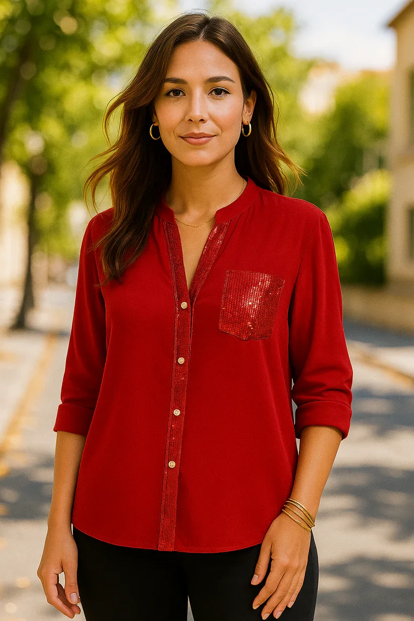 0225 Red Sequin Trimmed Top with Sequin Pocket.webp