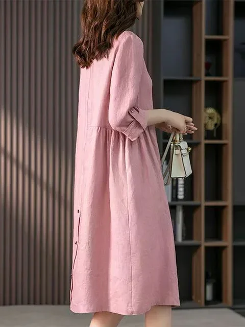 LTX-Style 107 Pink Linen Blend Button Down Dress